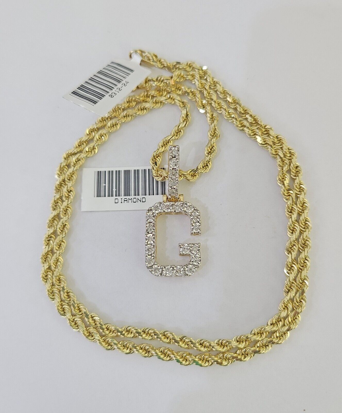 10k 3mm Rope Solid Chain G Diamond Pendant Alphabet 18" - 28" Gold Charm Necklace - GoldenlinQ