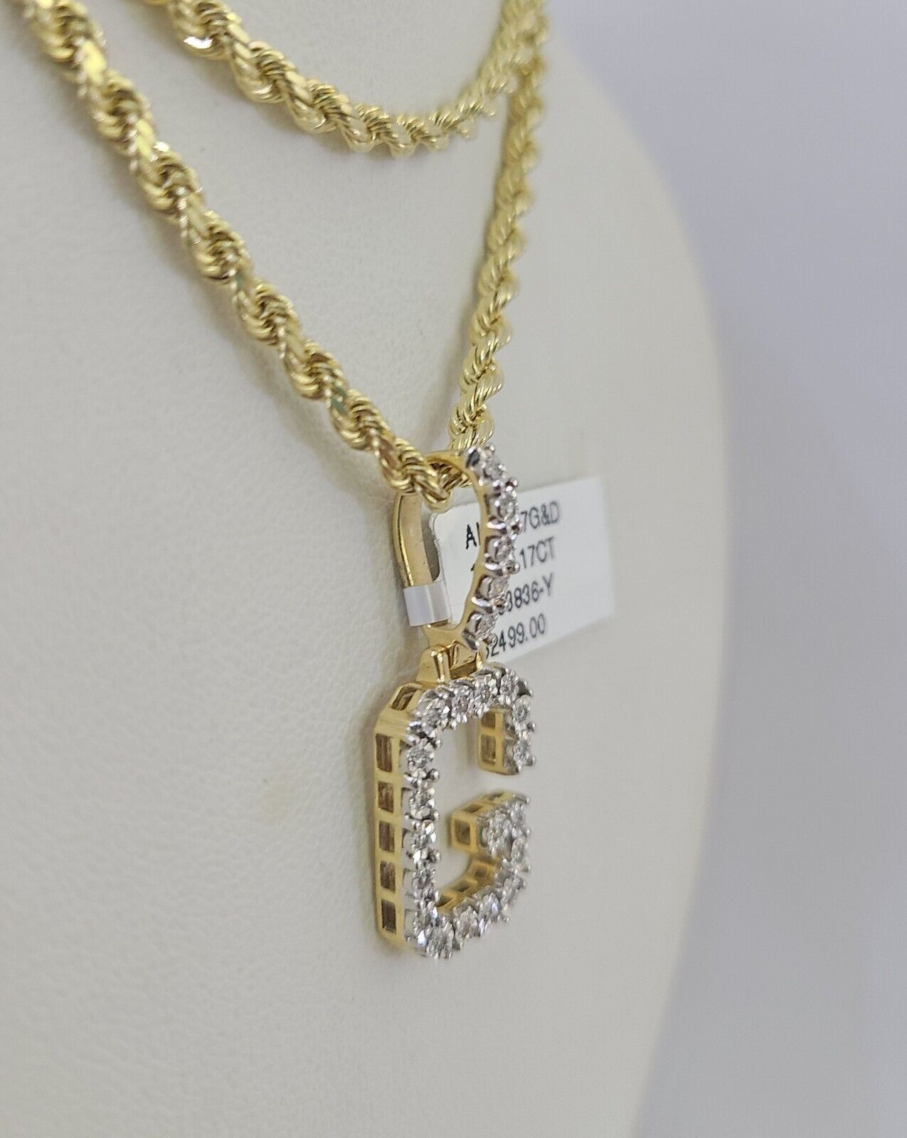 10k 3mm Rope Solid Chain G Diamond Pendant Alphabet 18" - 28" Gold Charm Necklace - GoldenlinQ