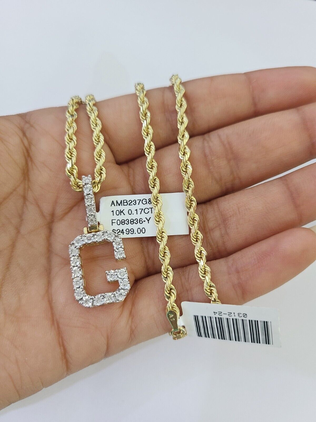 10k 3mm Rope Solid Chain G Diamond Pendant Alphabet 18" - 28" Gold Charm Necklace - GoldenlinQ