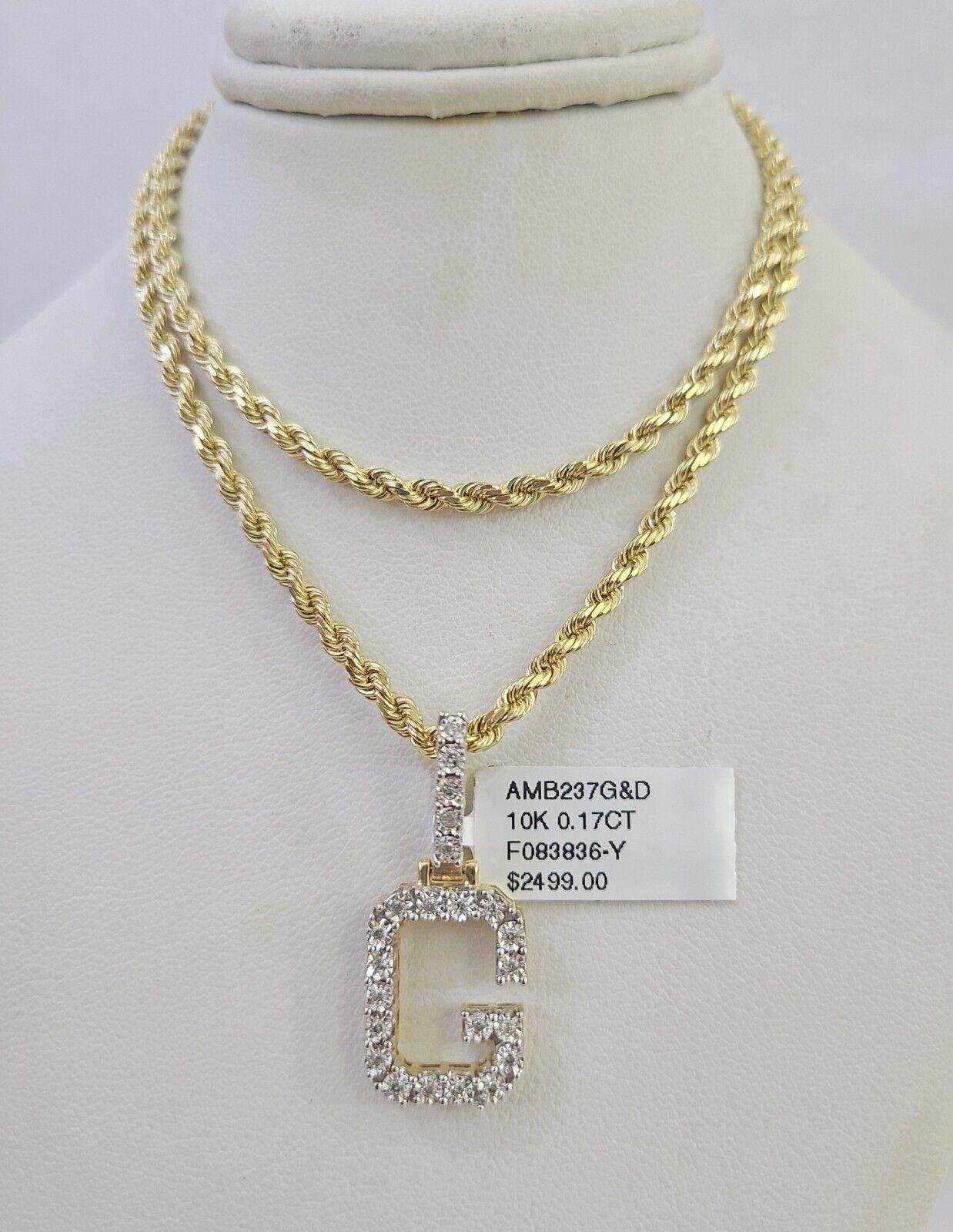 10k 3mm Rope Solid Chain G Diamond Pendant Alphabet 18" - 28" Gold Charm Necklace - GoldenlinQ