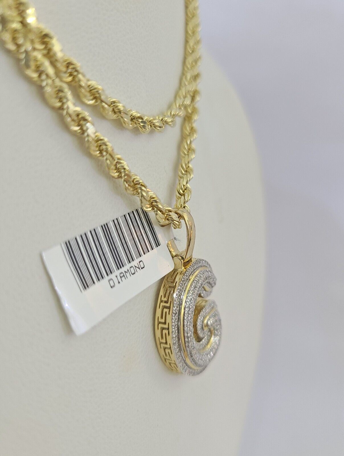 10k 3mm Rope Solid Chain G Diamond Pendant Alphabet 18" - 28" Gold Charm Necklace - GoldenlinQ