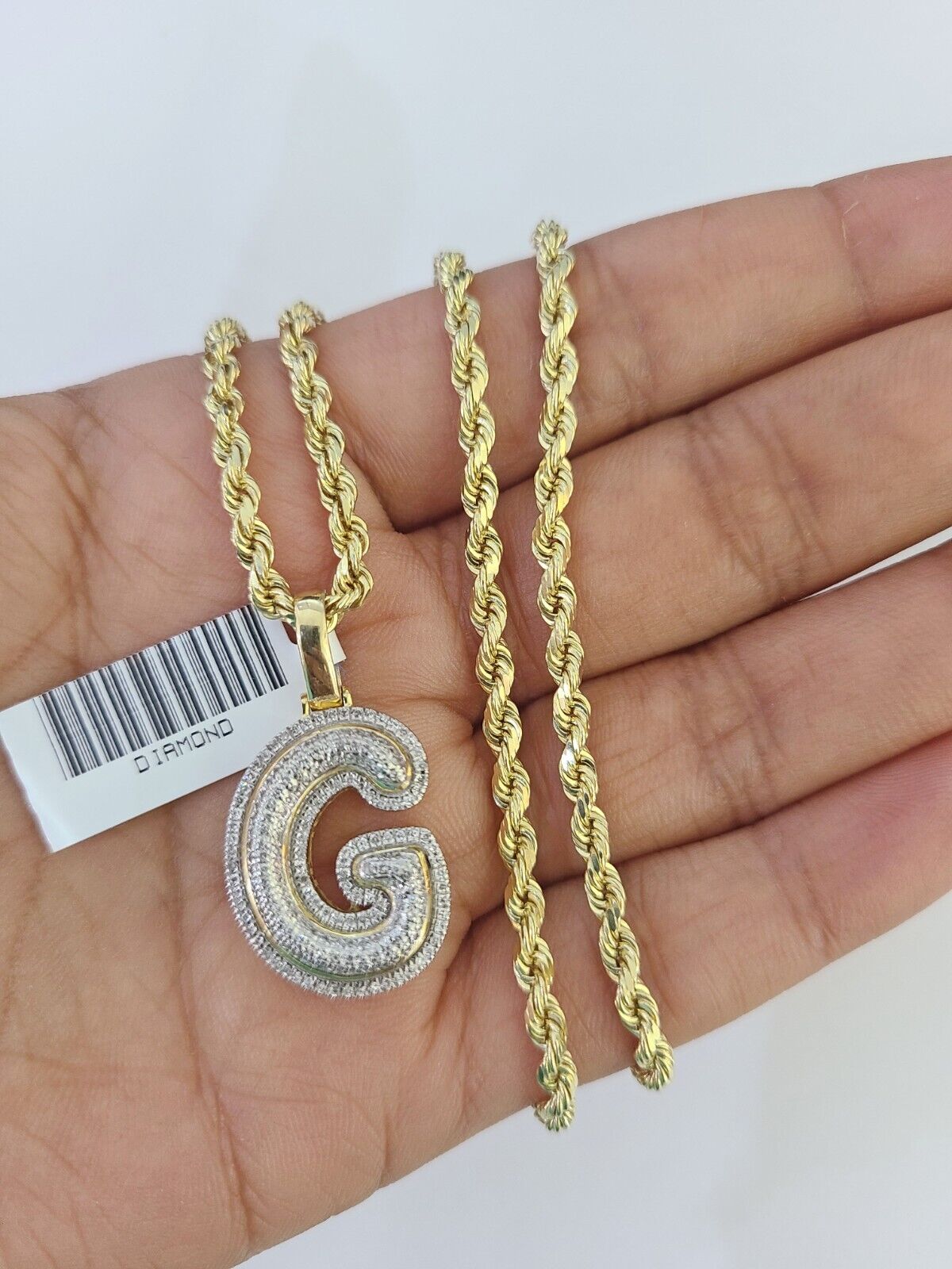 10k 3mm Rope Solid Chain G Diamond Pendant Alphabet 18" - 28" Gold Charm Necklace - GoldenlinQ