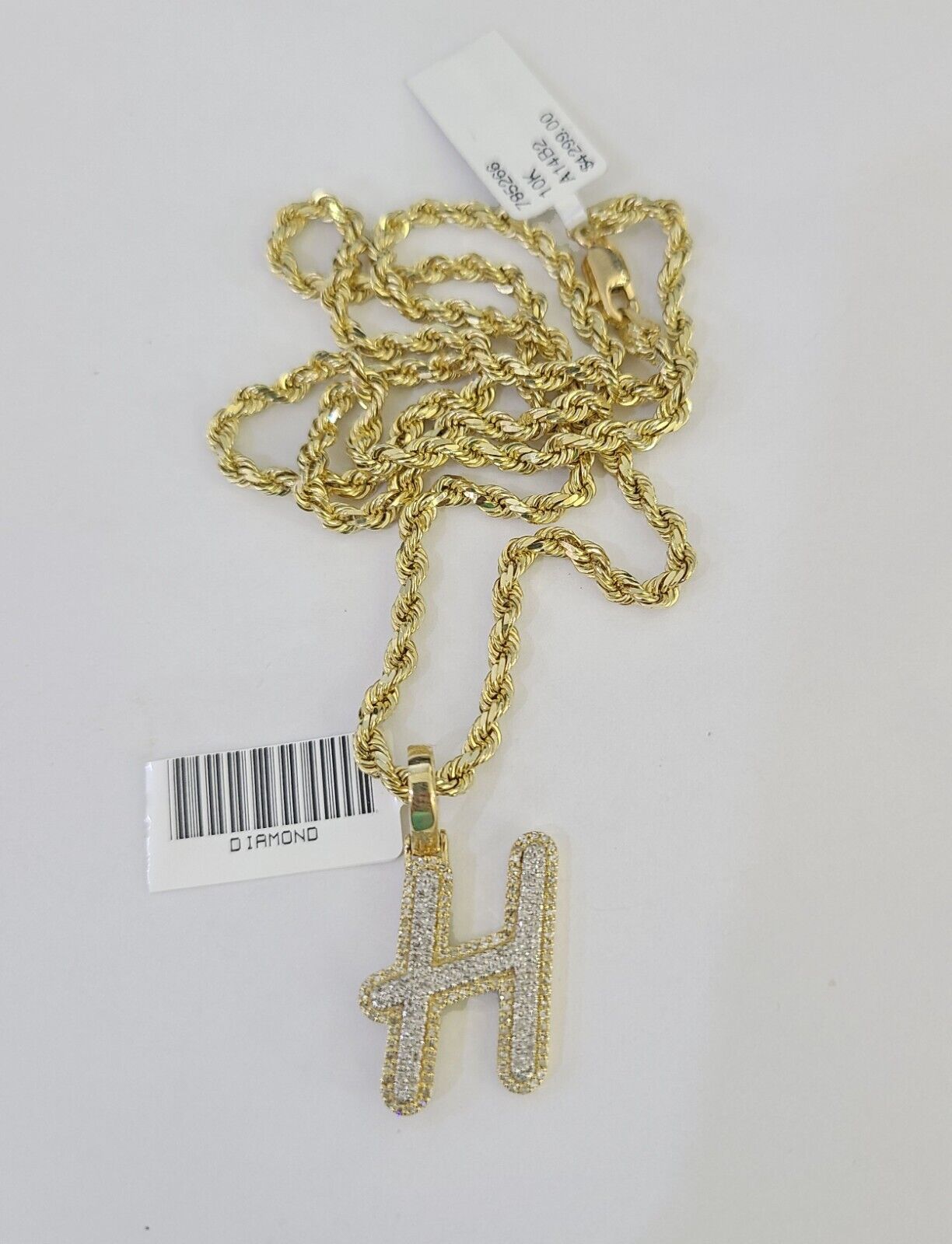 10k 3mm Rope Solid Chain H Diamond Pendant Alphabet 18" - 28" Gold Charm Necklace - GoldenlinQ