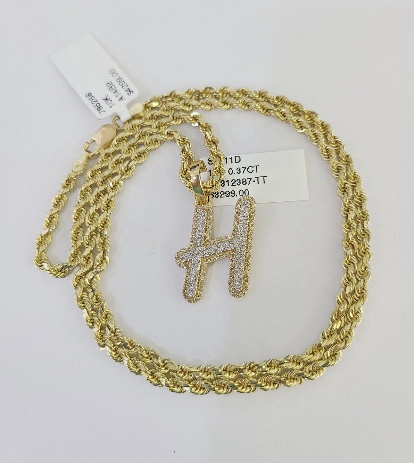 10k 3mm Rope Solid Chain H Diamond Pendant Alphabet 18" - 28" Gold Charm Necklace - GoldenlinQ