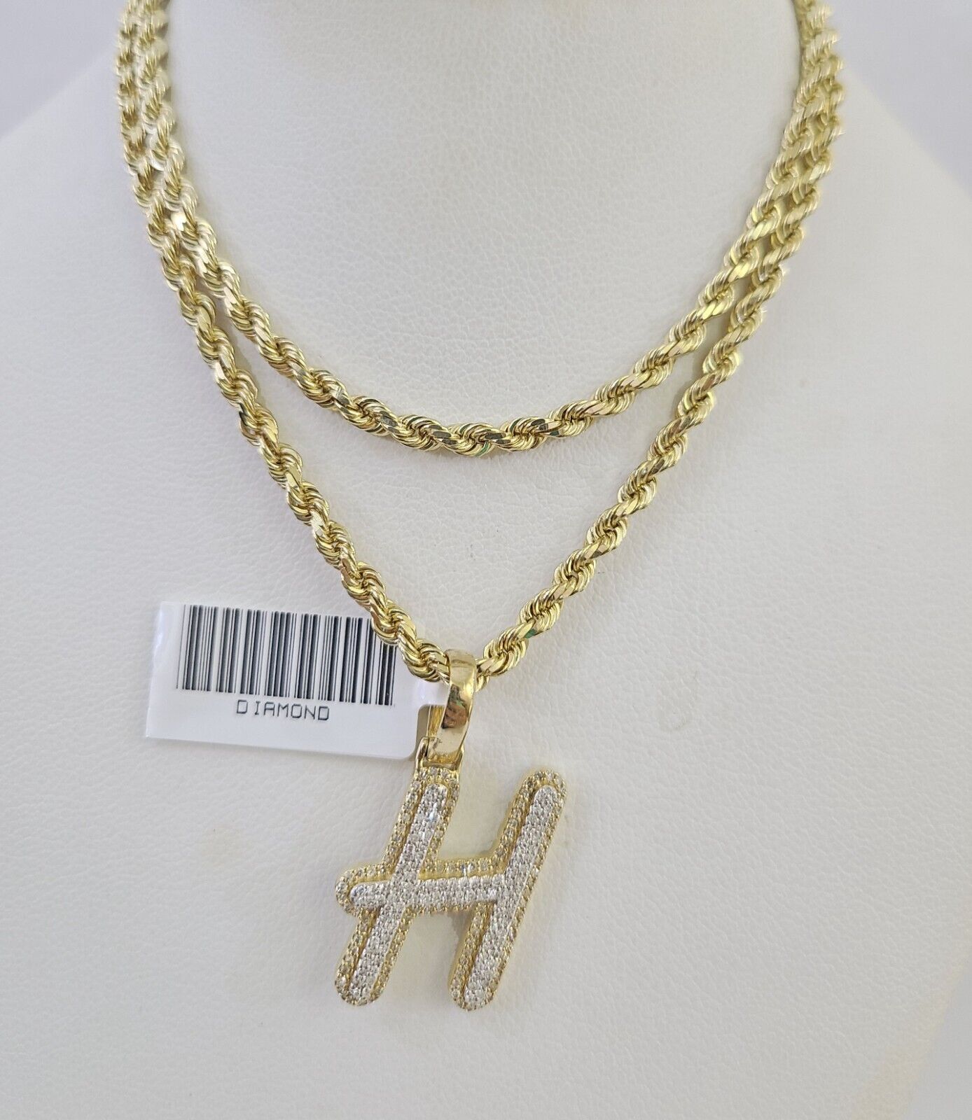 10k 3mm Rope Solid Chain H Diamond Pendant Alphabet 18" - 28" Gold Charm Necklace - GoldenlinQ