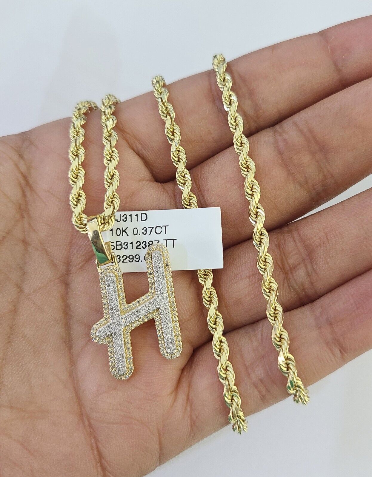 10k 3mm Rope Solid Chain H Diamond Pendant Alphabet 18" - 28" Gold Charm Necklace - GoldenlinQ