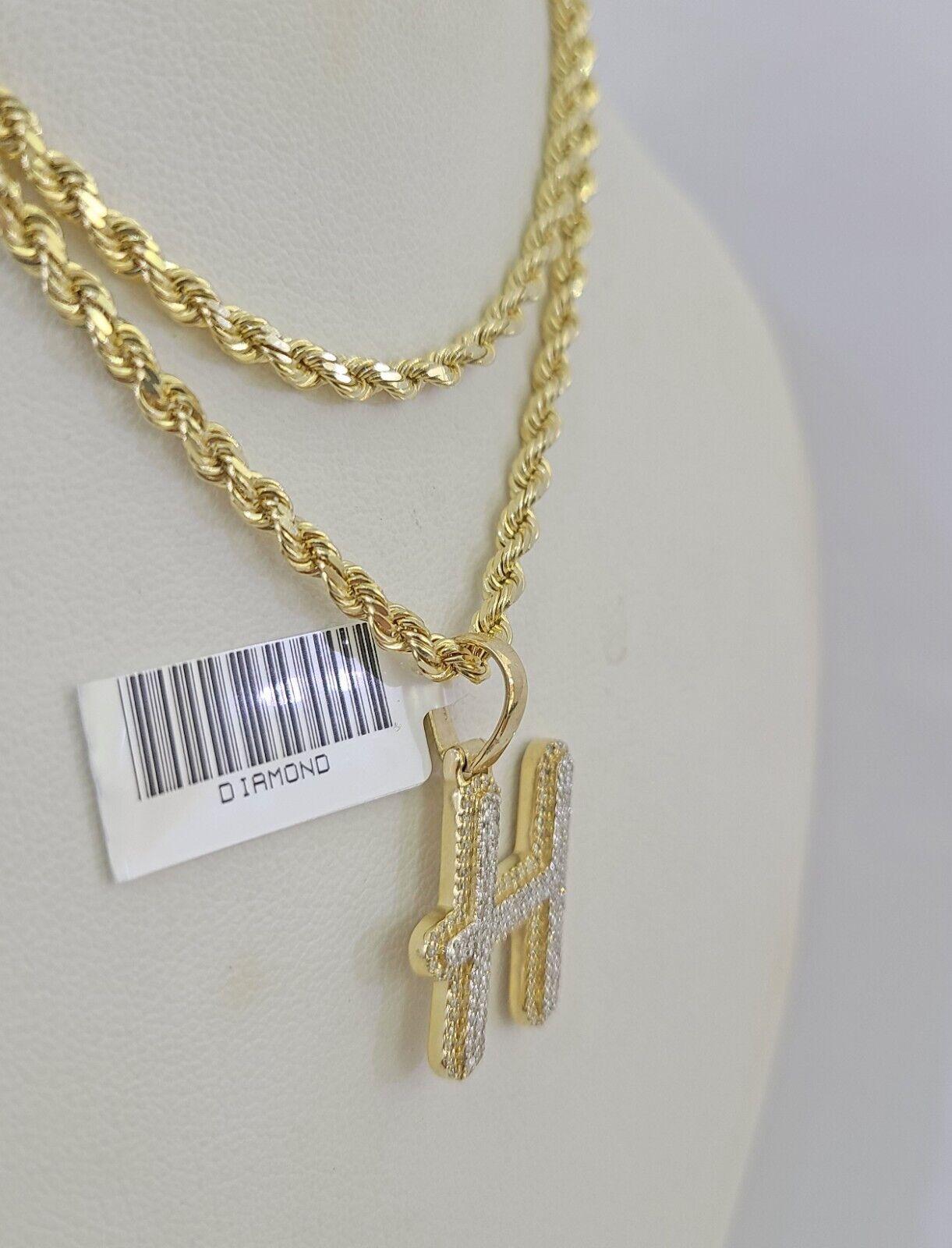 10k 3mm Rope Solid Chain H Diamond Pendant Alphabet 18" - 28" Gold Charm Necklace - GoldenlinQ