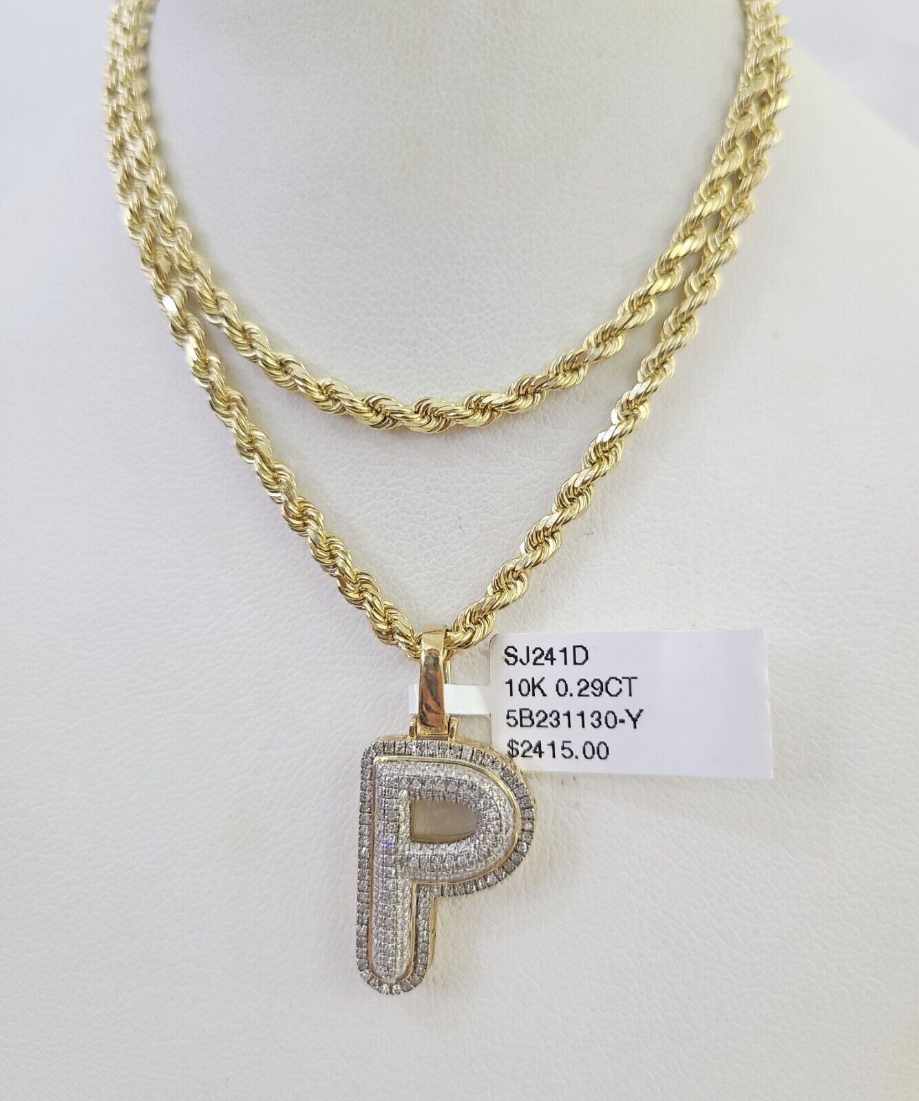 10k 3mm Rope Solid Chain P Diamond Pendant Alphabet 18" - 28" Gold Charm Necklace - GoldenlinQ