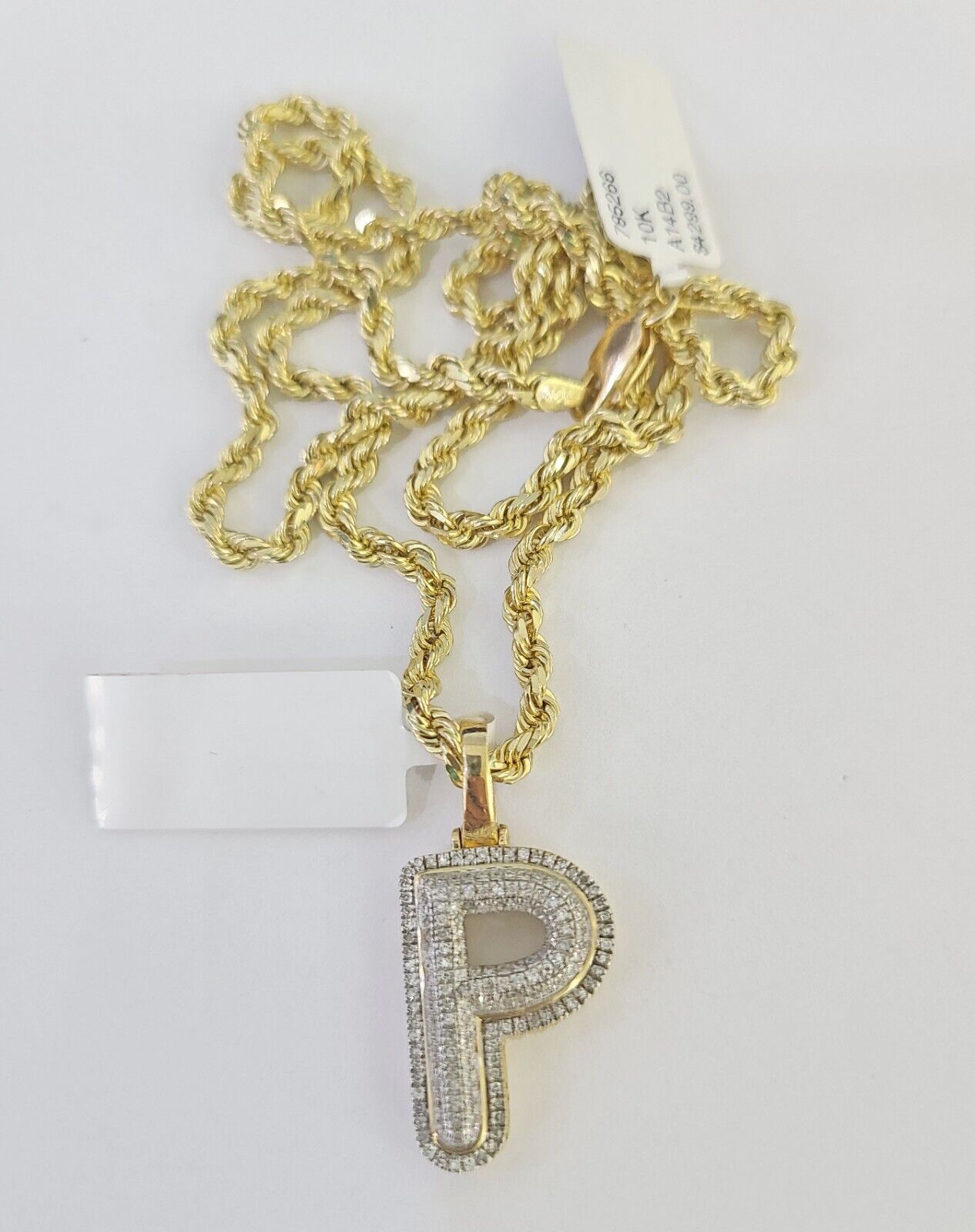 10k 3mm Rope Solid Chain P Diamond Pendant Alphabet 18" - 28" Gold Charm Necklace - GoldenlinQ
