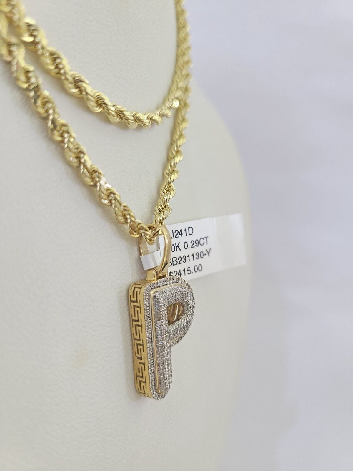 10k 3mm Rope Solid Chain P Diamond Pendant Alphabet 18" - 28" Gold Charm Necklace - GoldenlinQ