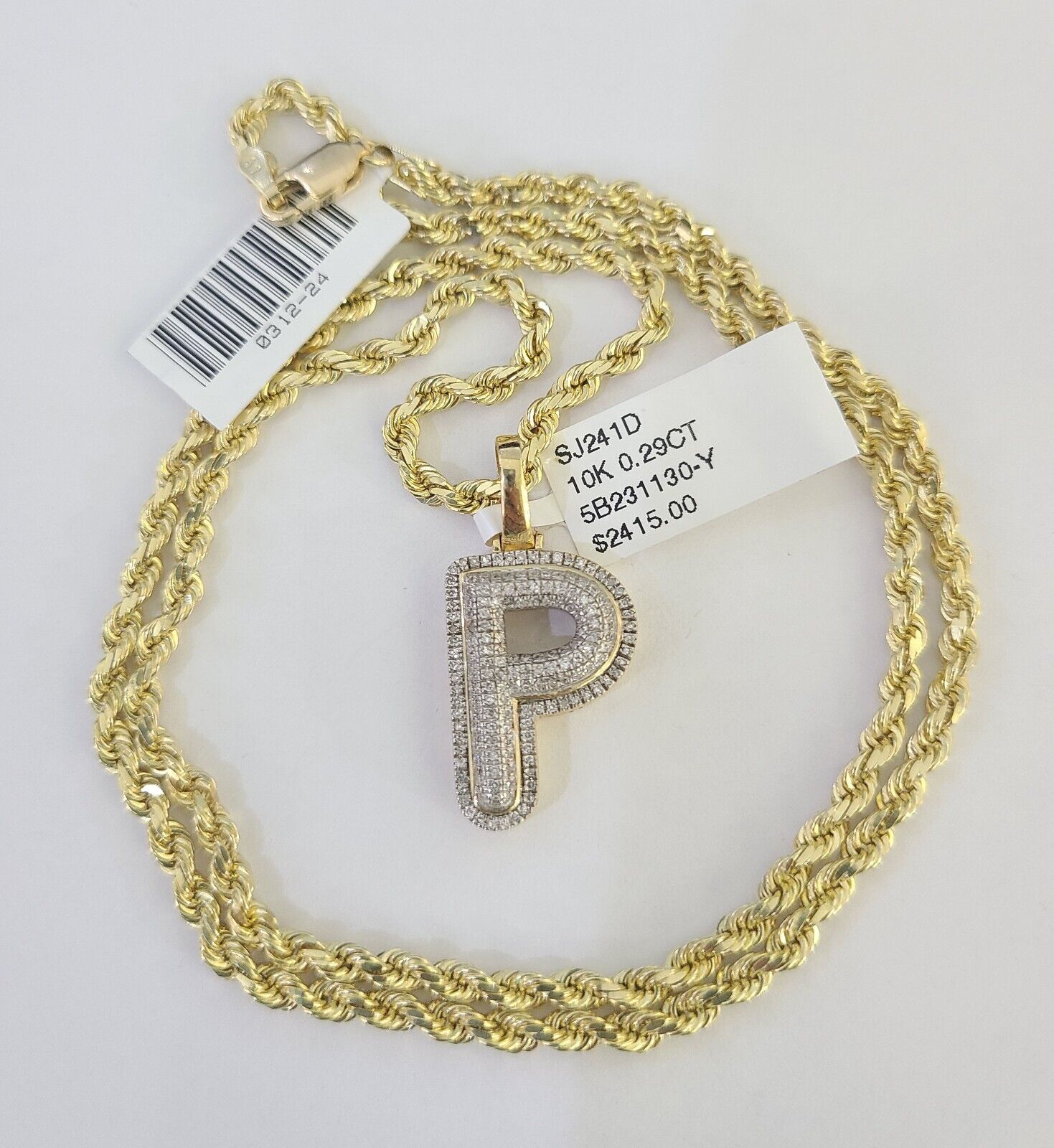 10k 3mm Rope Solid Chain P Diamond Pendant Alphabet 18" - 28" Gold Charm Necklace - GoldenlinQ