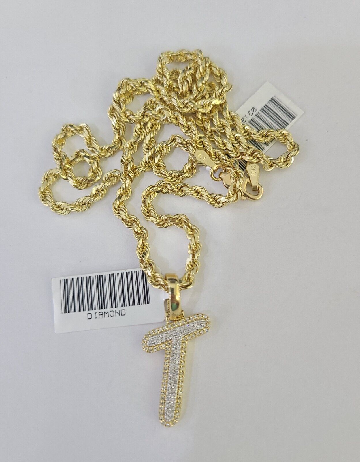 10k 3mm Rope Solid Chain T Diamond Pendant Alphabet 18" - 28" Gold Charm Necklace - GoldenlinQ