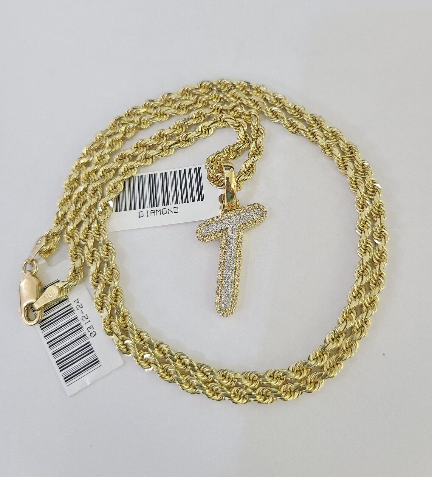 10k 3mm Rope Solid Chain T Diamond Pendant Alphabet 18" - 28" Gold Charm Necklace - GoldenlinQ