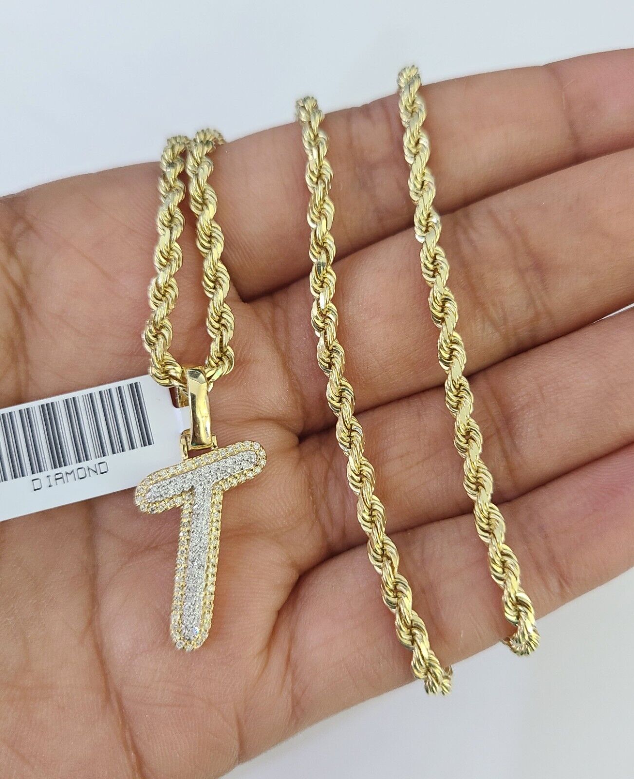 10k 3mm Rope Solid Chain T Diamond Pendant Alphabet 18" - 28" Gold Charm Necklace - GoldenlinQ