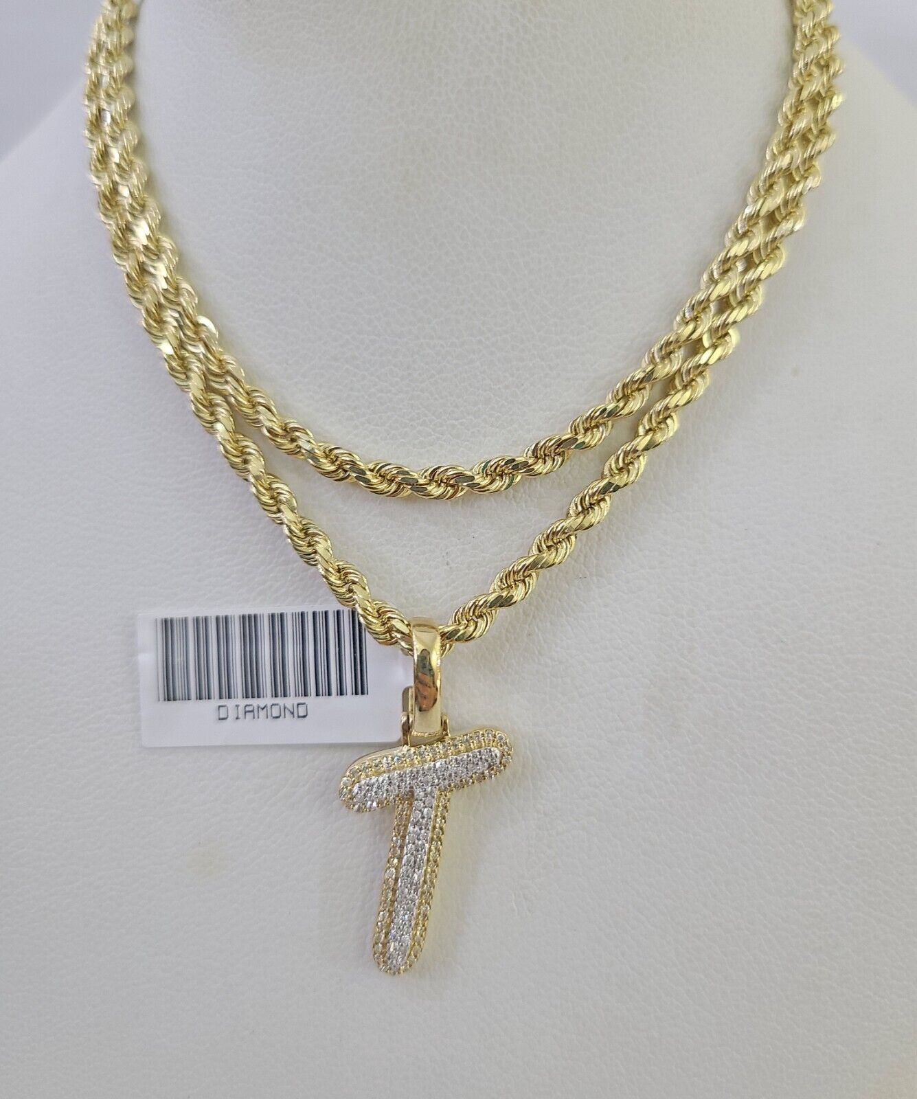 10k 3mm Rope Solid Chain T Diamond Pendant Alphabet 18" - 28" Gold Charm Necklace - GoldenlinQ