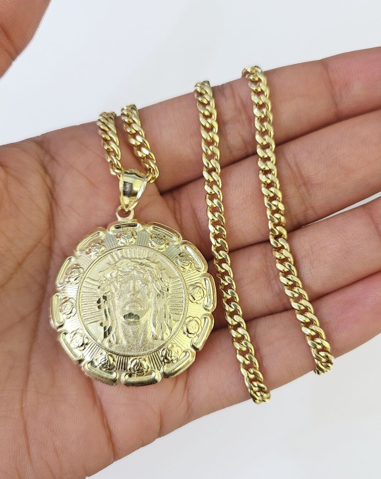 10k Cuban Chain Jesus Virgin Mary Charm Two - Sided Set 4mm 18" - 28" Necklace Gold - GoldenlinQ