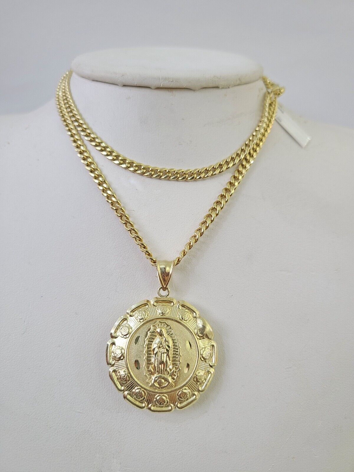 10k Cuban Chain Jesus Virgin Mary Charm Two - Sided Set 4mm 18" - 28" Necklace Gold - GoldenlinQ