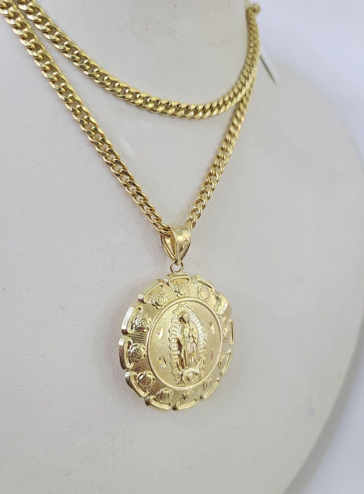 10k Cuban Chain Jesus Virgin Mary Charm Two - Sided Set 4mm 18" - 28" Necklace Gold - GoldenlinQ