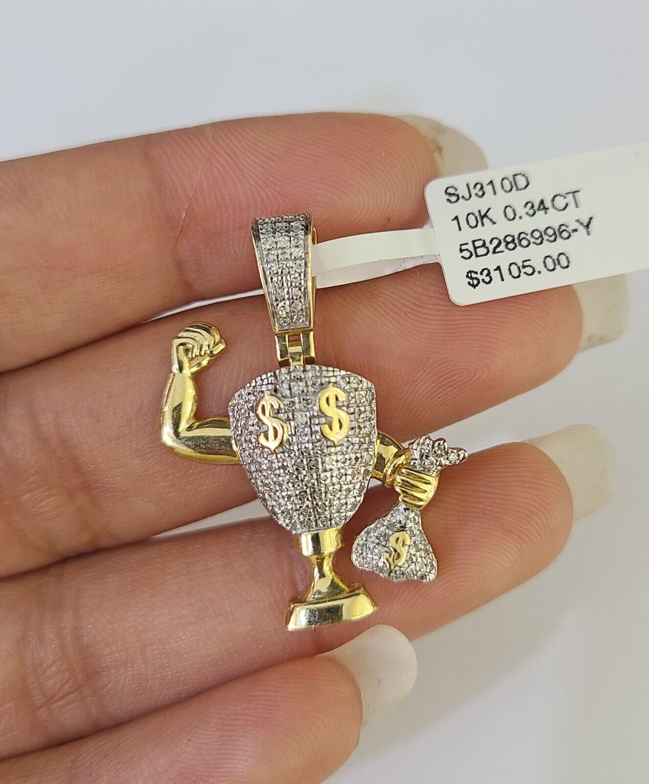 10k Diamond Dollar Trophy Charm Money Bag Real Pendant 10kt Yellow Gold - GoldenlinQ