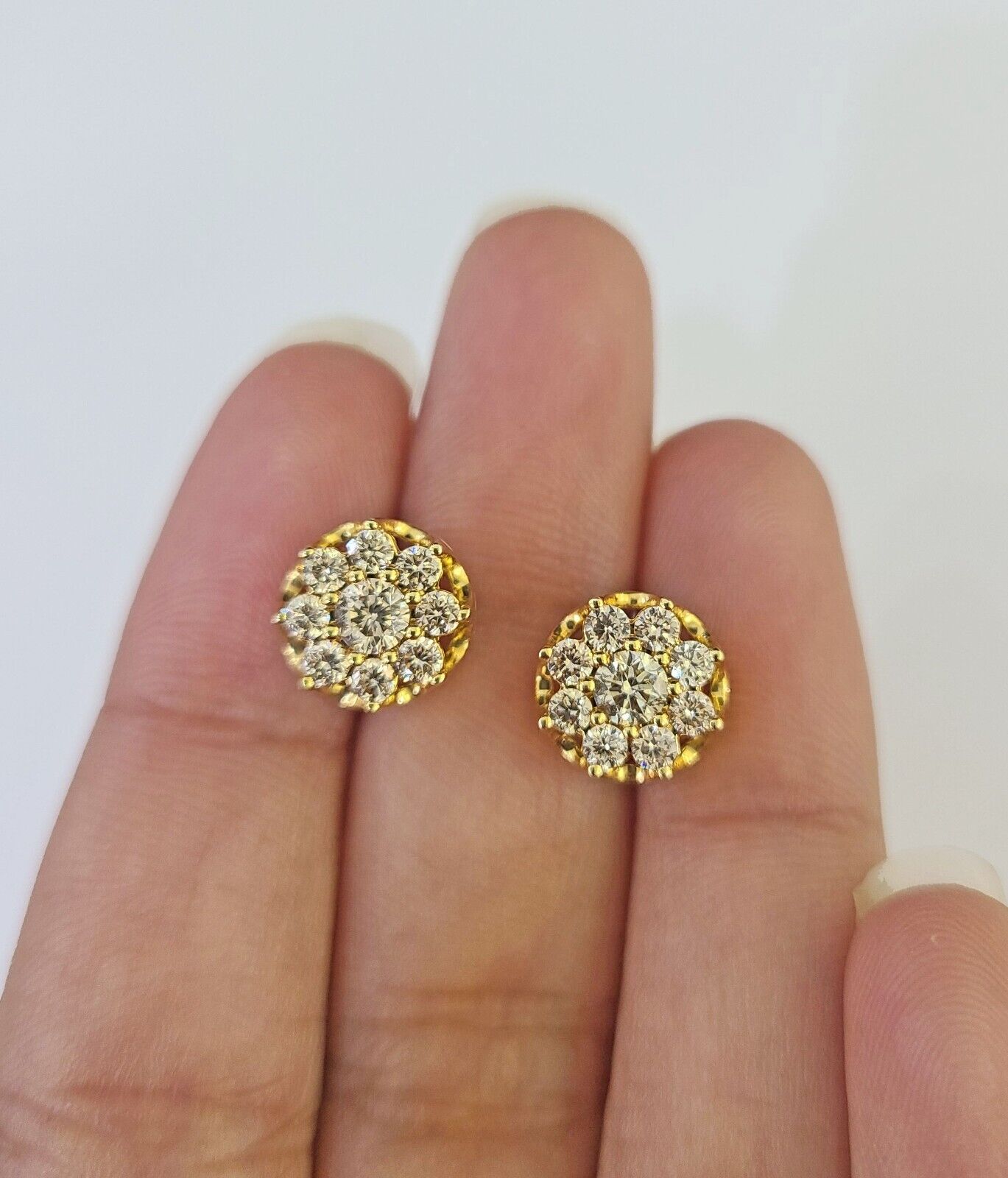 10k Diamond Flower Earrings Yellow gold Real screw - back Women Men Studs - GoldenlinQ