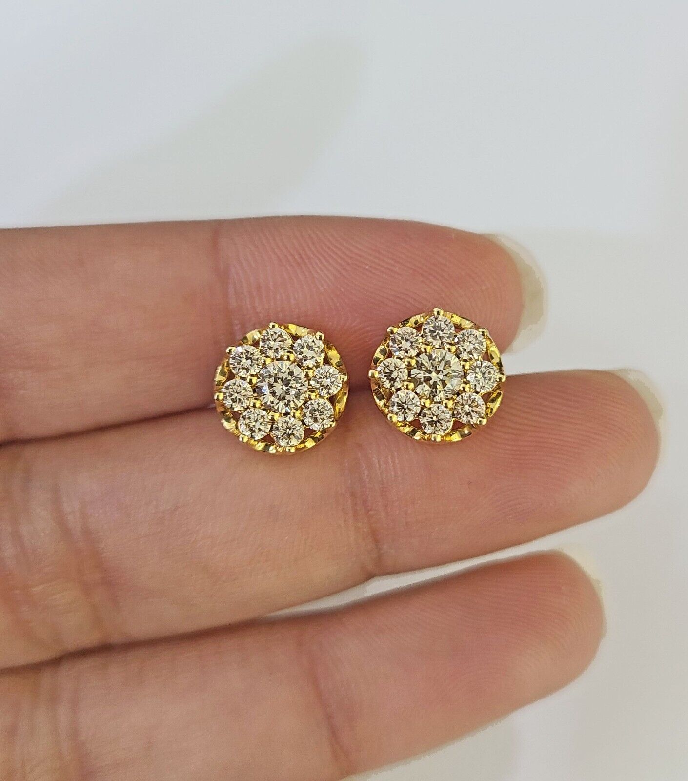 10k Diamond Flower Earrings Yellow gold Real screw - back Women Men Studs - GoldenlinQ