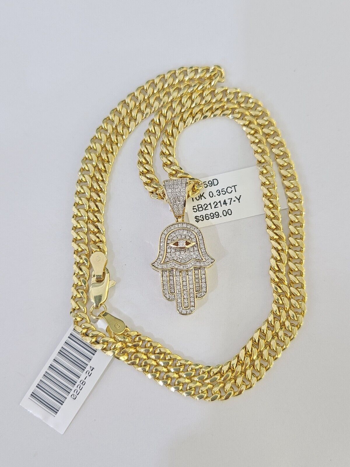 10k Diamond Hamsa Charm Miami Cuban Chain 4mm 22 inch SET Yellow Gold - GoldenlinQ