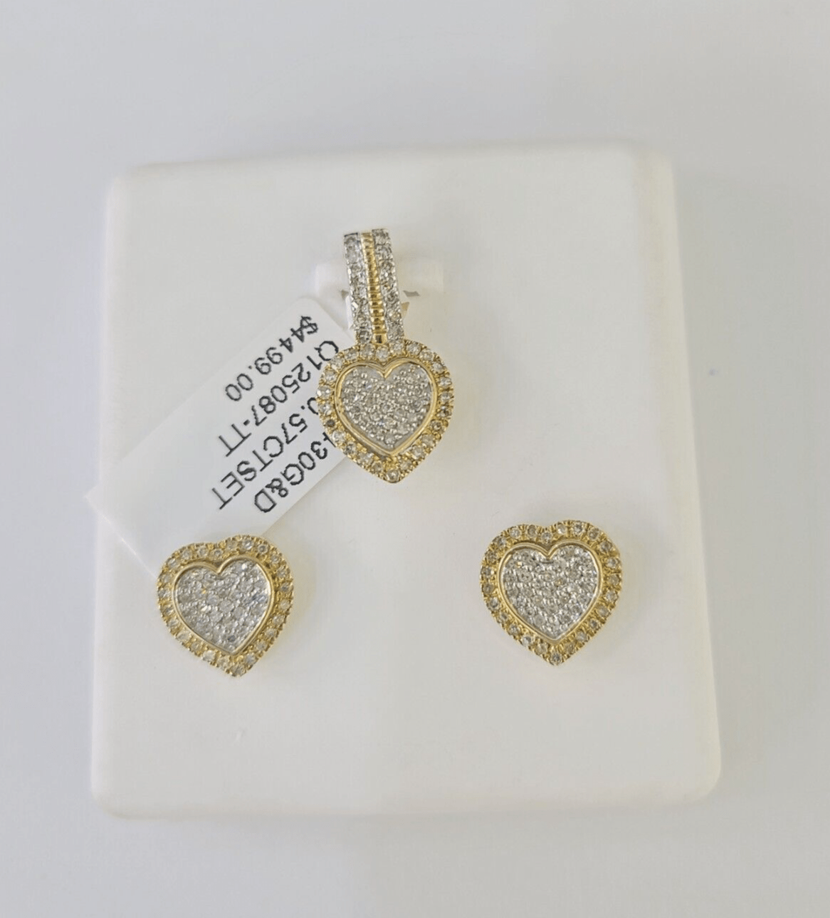 10k Diamond Heart Earrings Pendant Charm SET Yellow Gold - GoldenlinQ