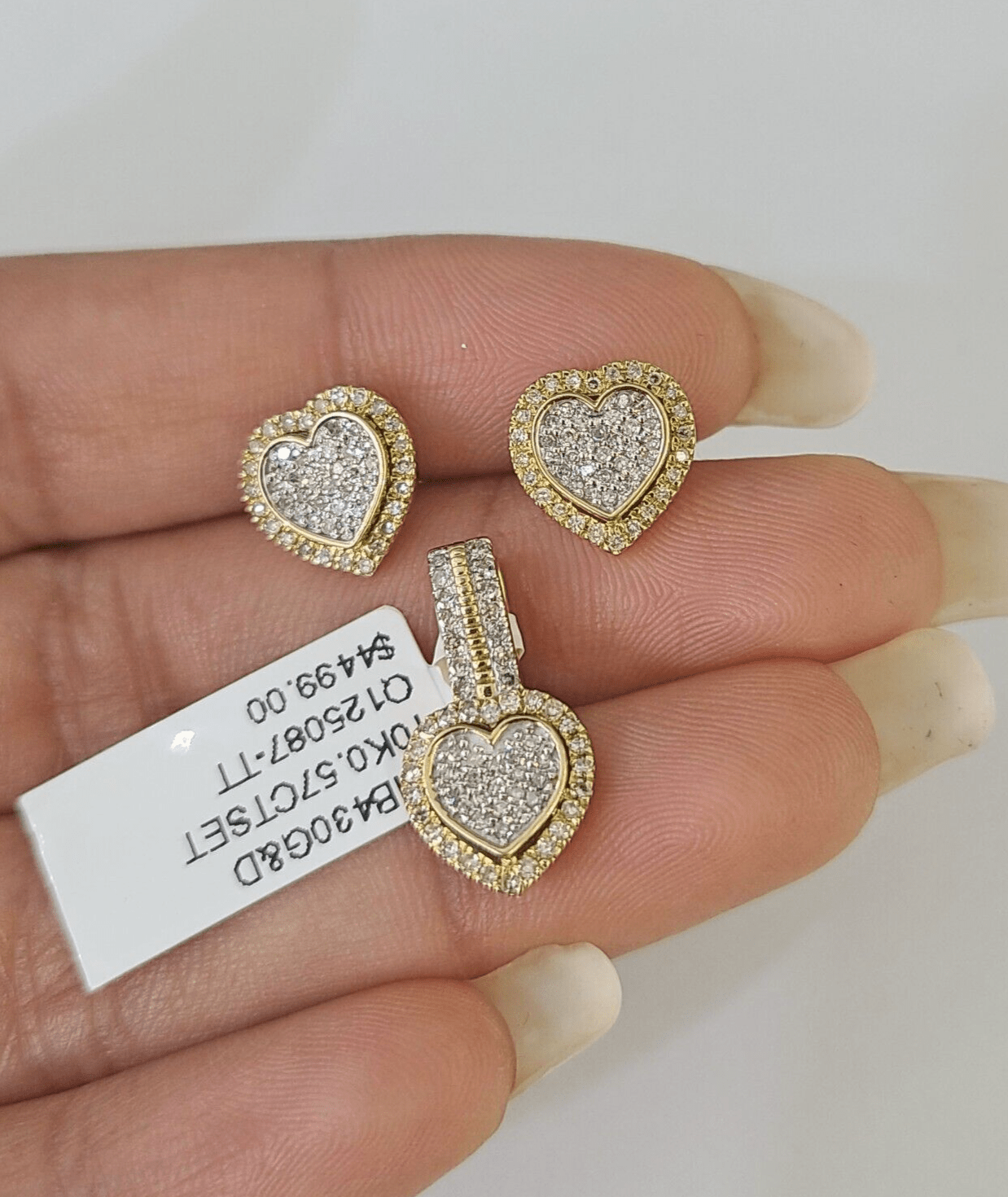 10k Diamond Heart Earrings Pendant Charm SET Yellow Gold - GoldenlinQ