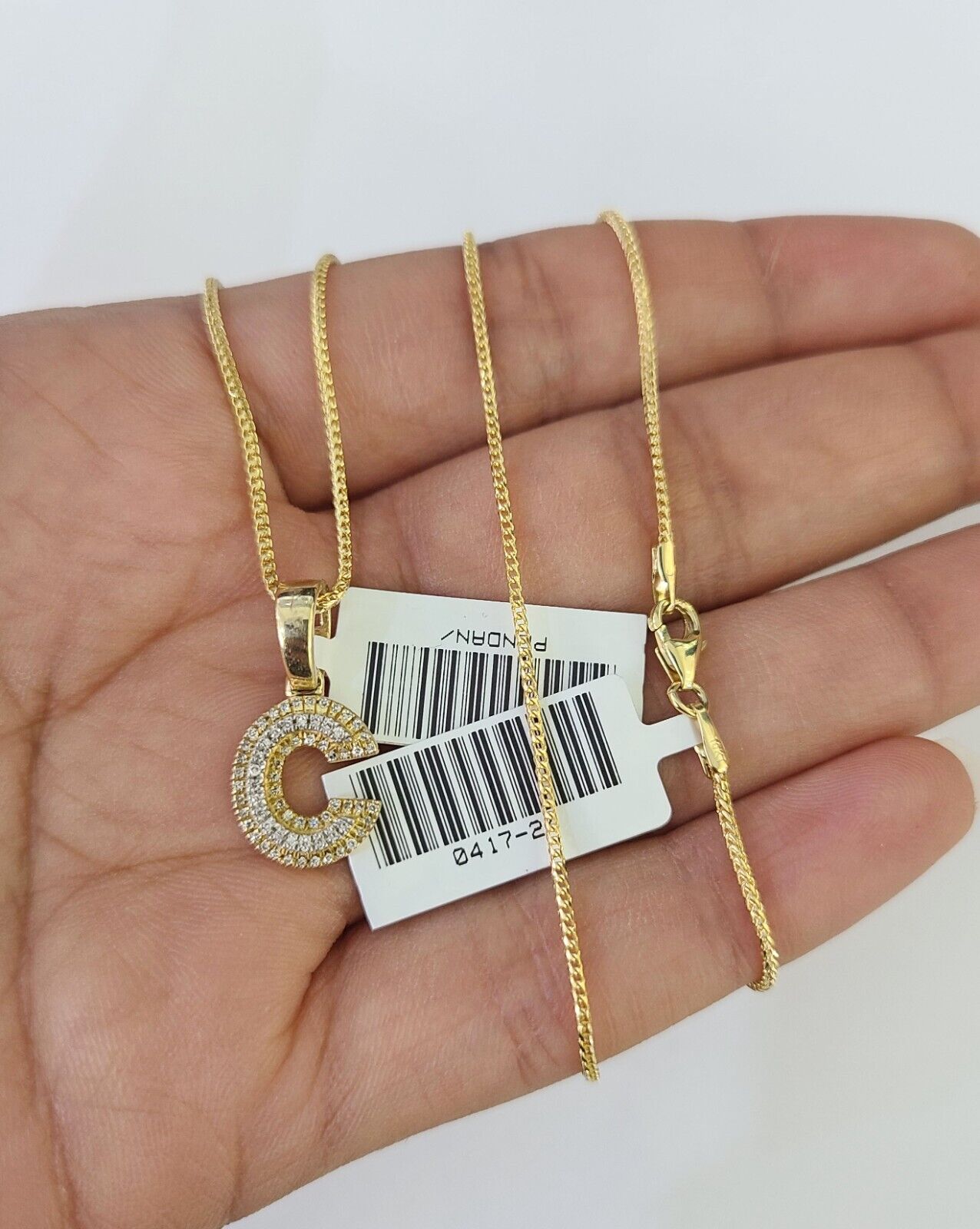 10K Franco Chain Diamond C Pendant Initial Necklace 16" - 22" 0.5mm Ladies Women - GoldenlinQ