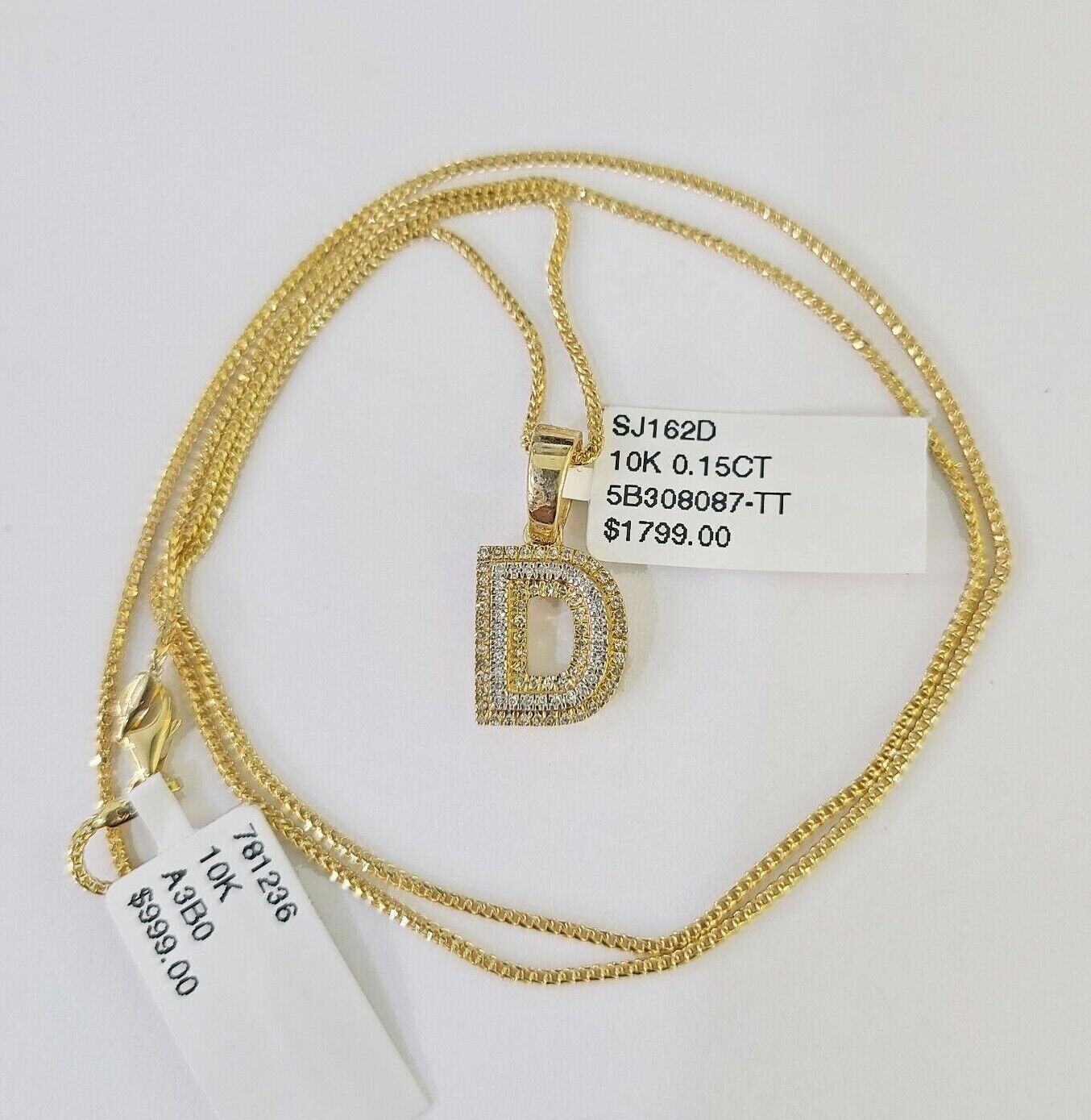 10K Franco Chain Diamond D Pendant Initial Necklace 16" - 22" 0.5mm Ladies Women - GoldenlinQ