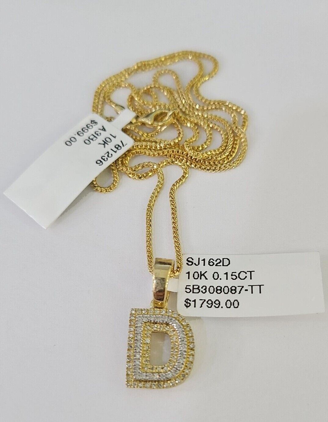10K Franco Chain Diamond D Pendant Initial Necklace 16" - 22" 0.5mm Ladies Women - GoldenlinQ