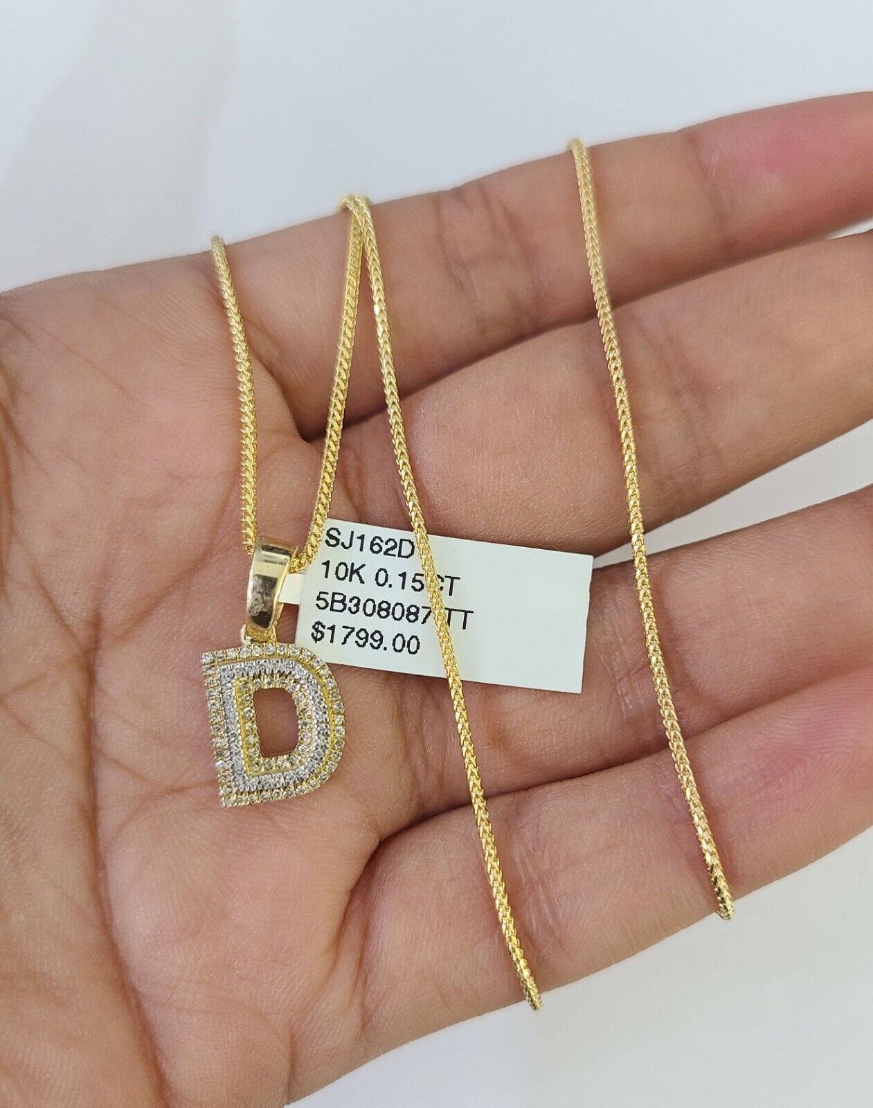 10K Franco Chain Diamond D Pendant Initial Necklace 16" - 22" 0.5mm Ladies Women - GoldenlinQ
