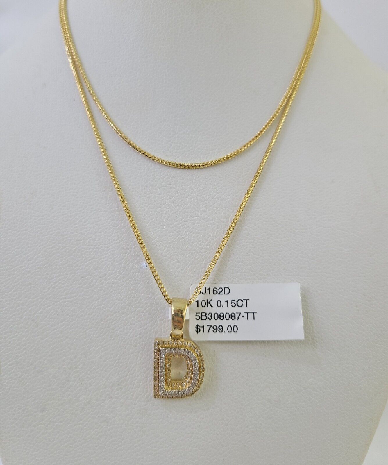 10K Franco Chain Diamond D Pendant Initial Necklace 16" - 22" 0.5mm Ladies Women - GoldenlinQ