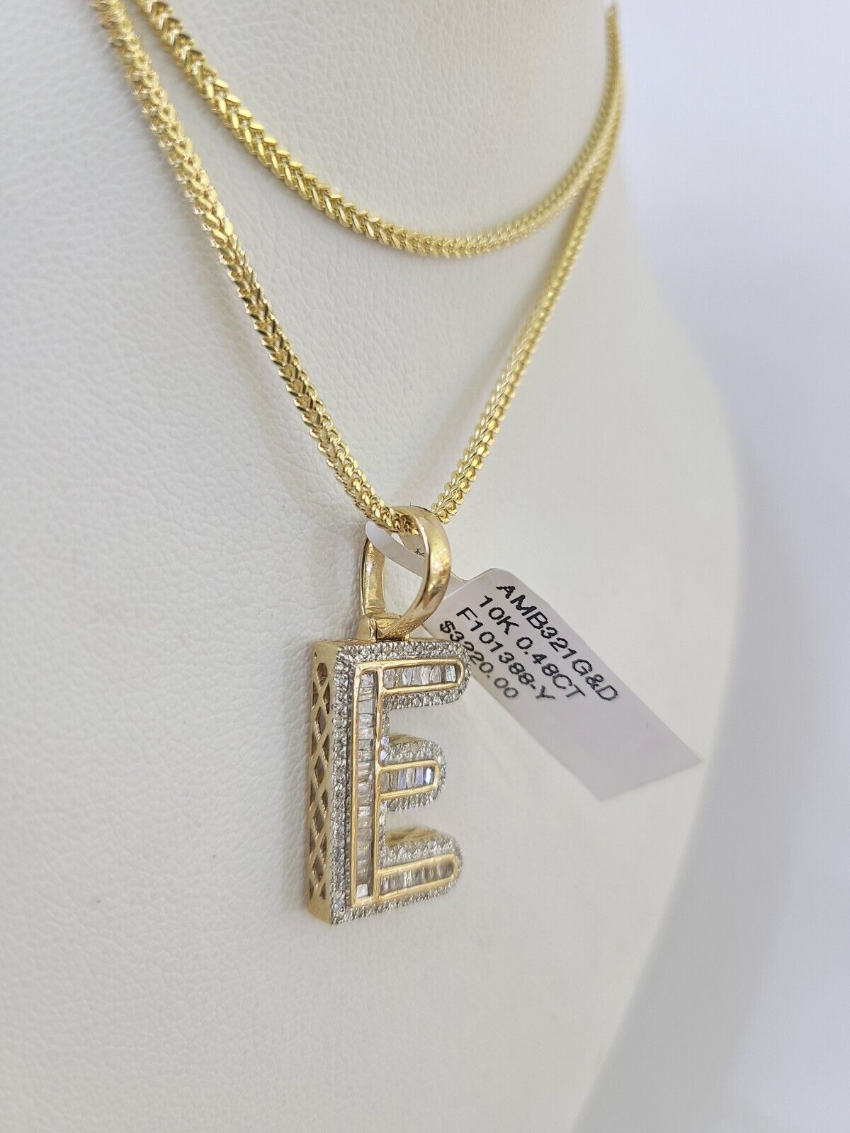 10K Franco Chain Diamond E Pendant Initial Charm Letter Necklace 18" - 24" 1.5mm - GoldenlinQ