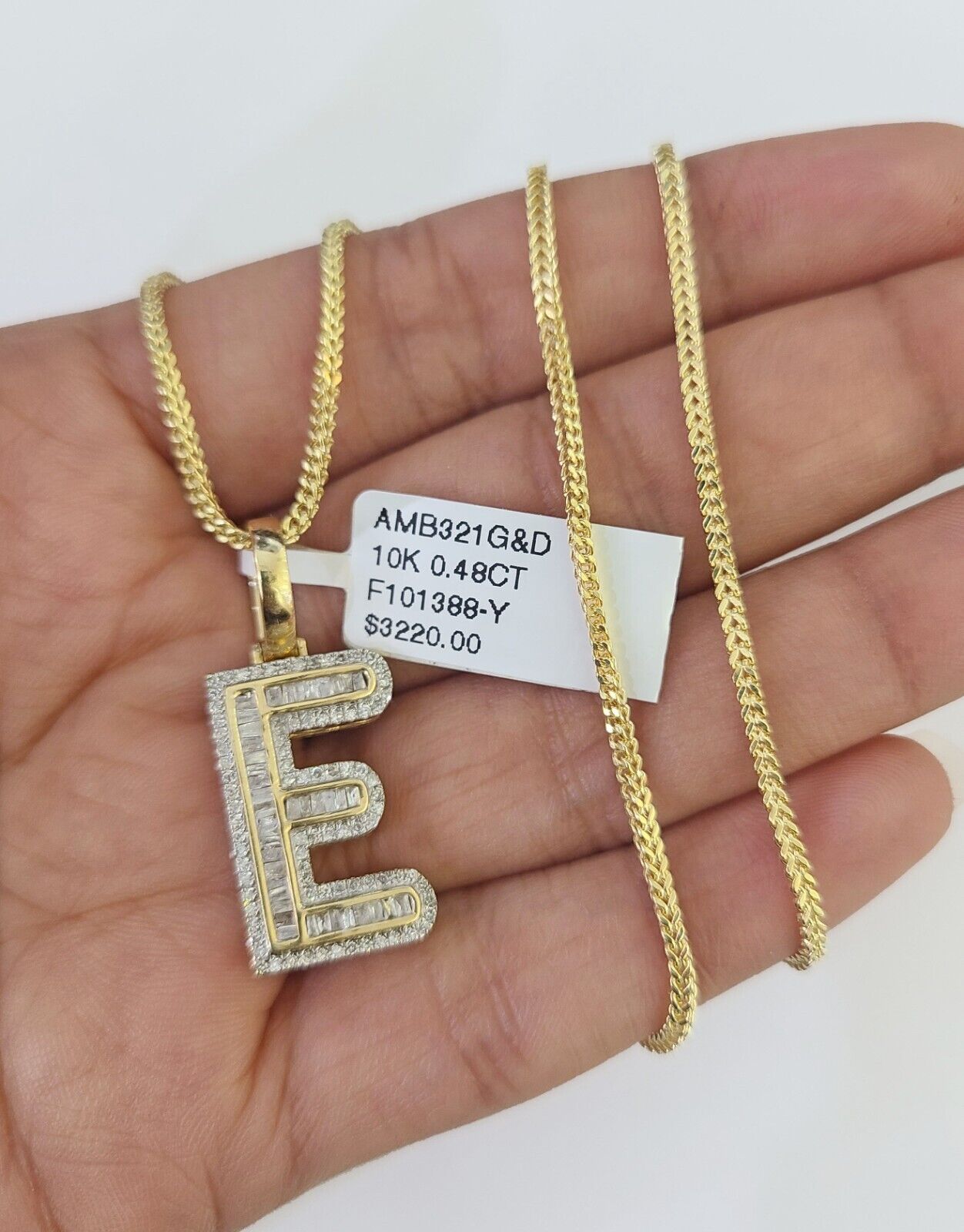 10K Franco Chain Diamond E Pendant Initial Charm Letter Necklace 18" - 24" 1.5mm - GoldenlinQ