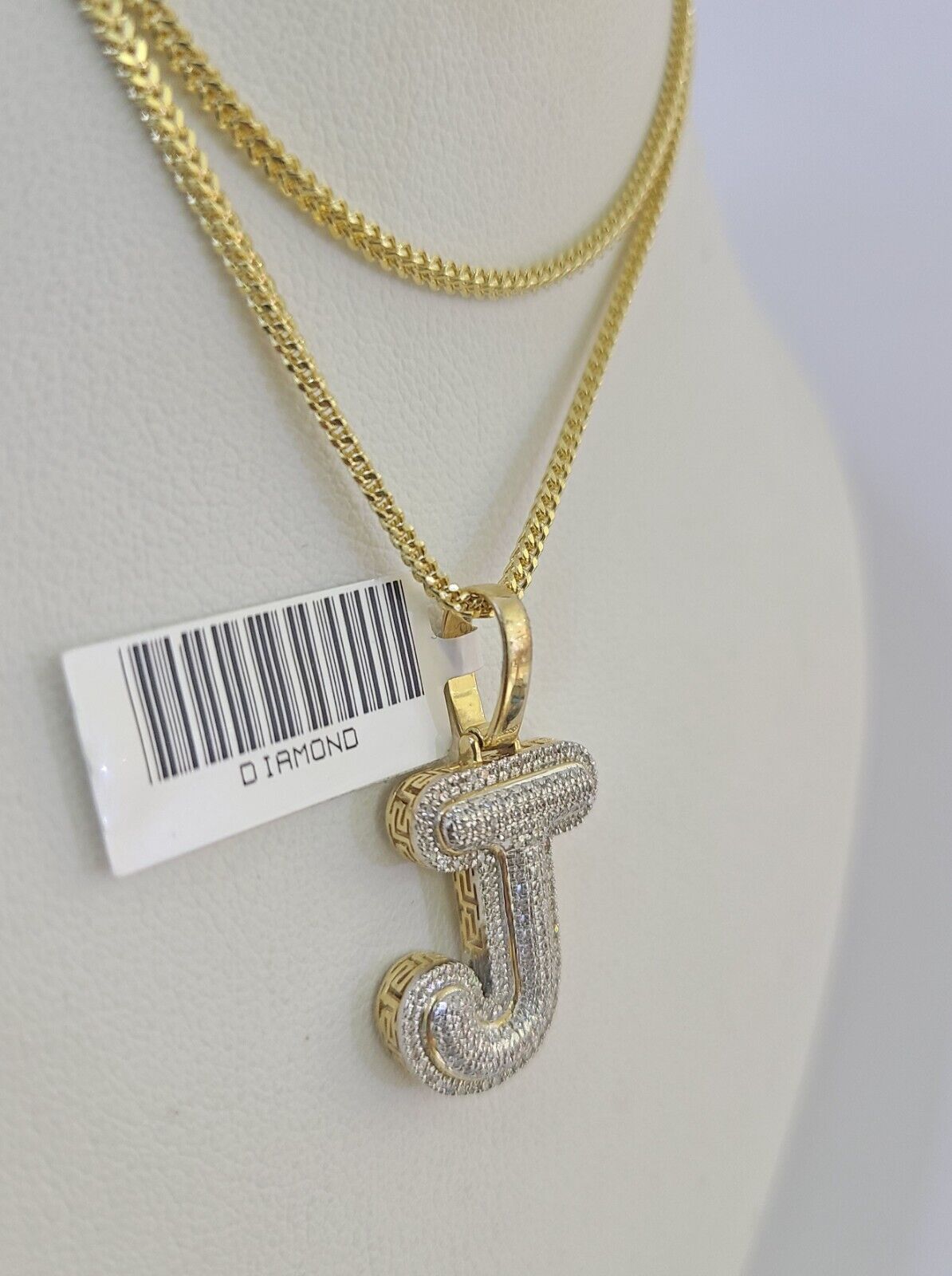10K Franco Chain Diamond J Pendant Initial Charm Letter Necklace 18" - 24" 1.5mm - GoldenlinQ