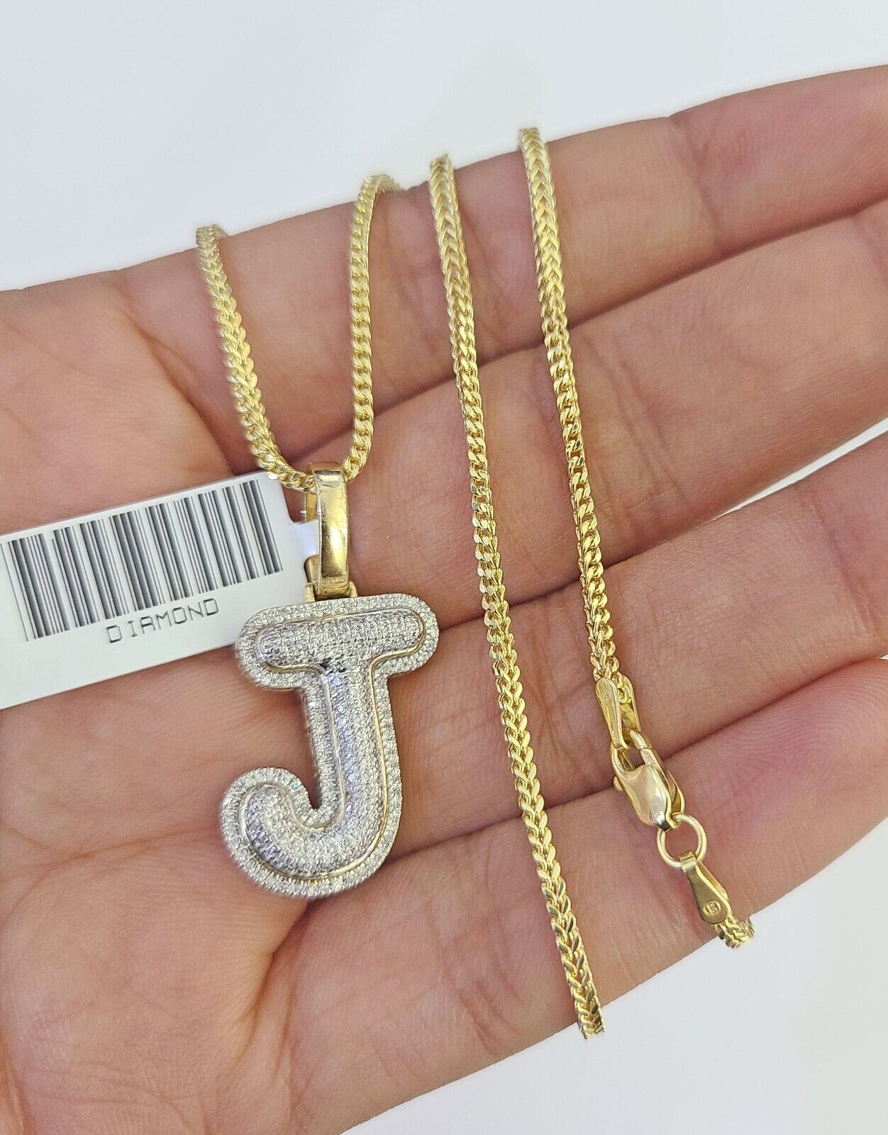 10K Franco Chain Diamond J Pendant Initial Charm Letter Necklace 18" - 24" 1.5mm - GoldenlinQ