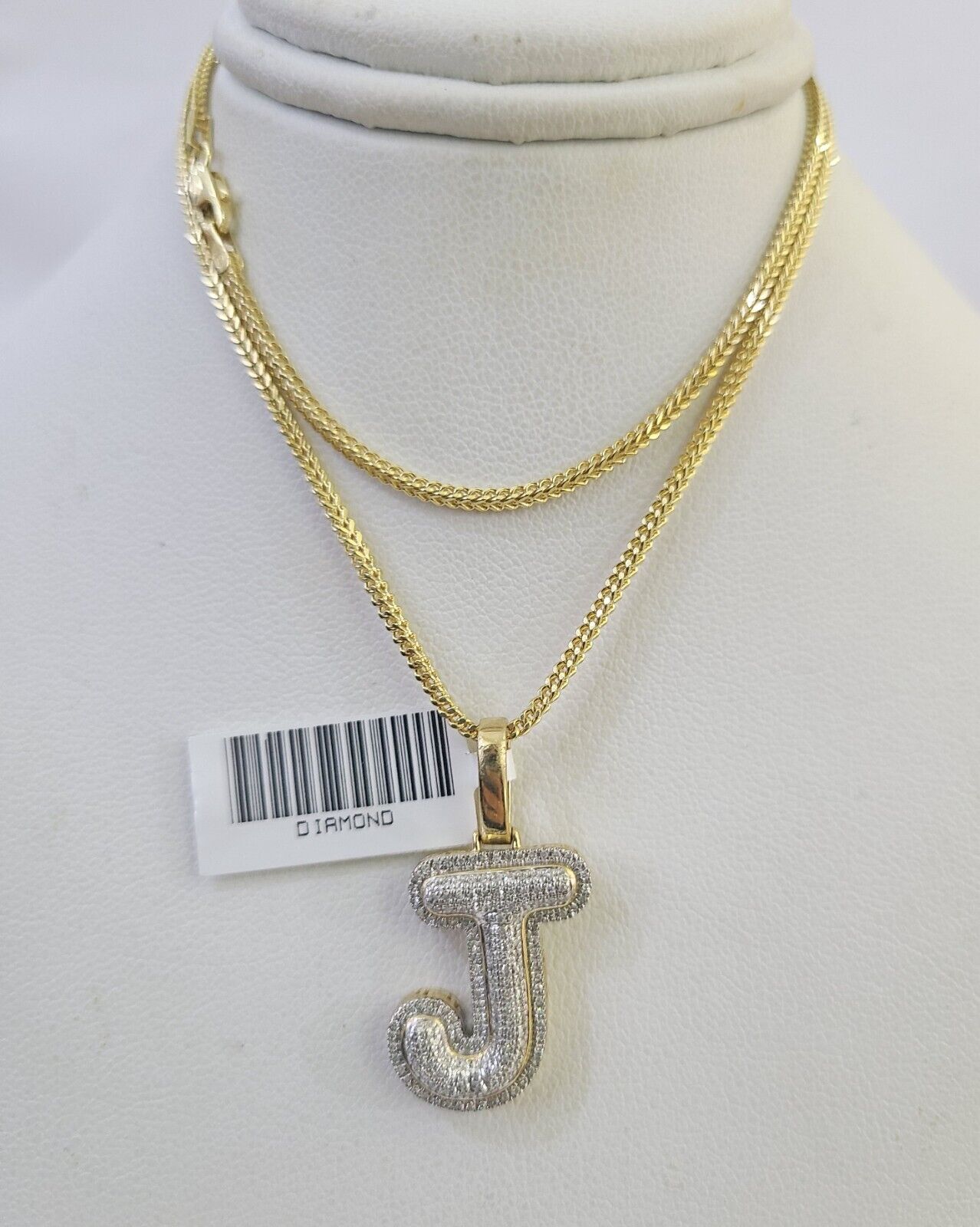10K Franco Chain Diamond J Pendant Initial Charm Letter Necklace 18" - 24" 1.5mm - GoldenlinQ