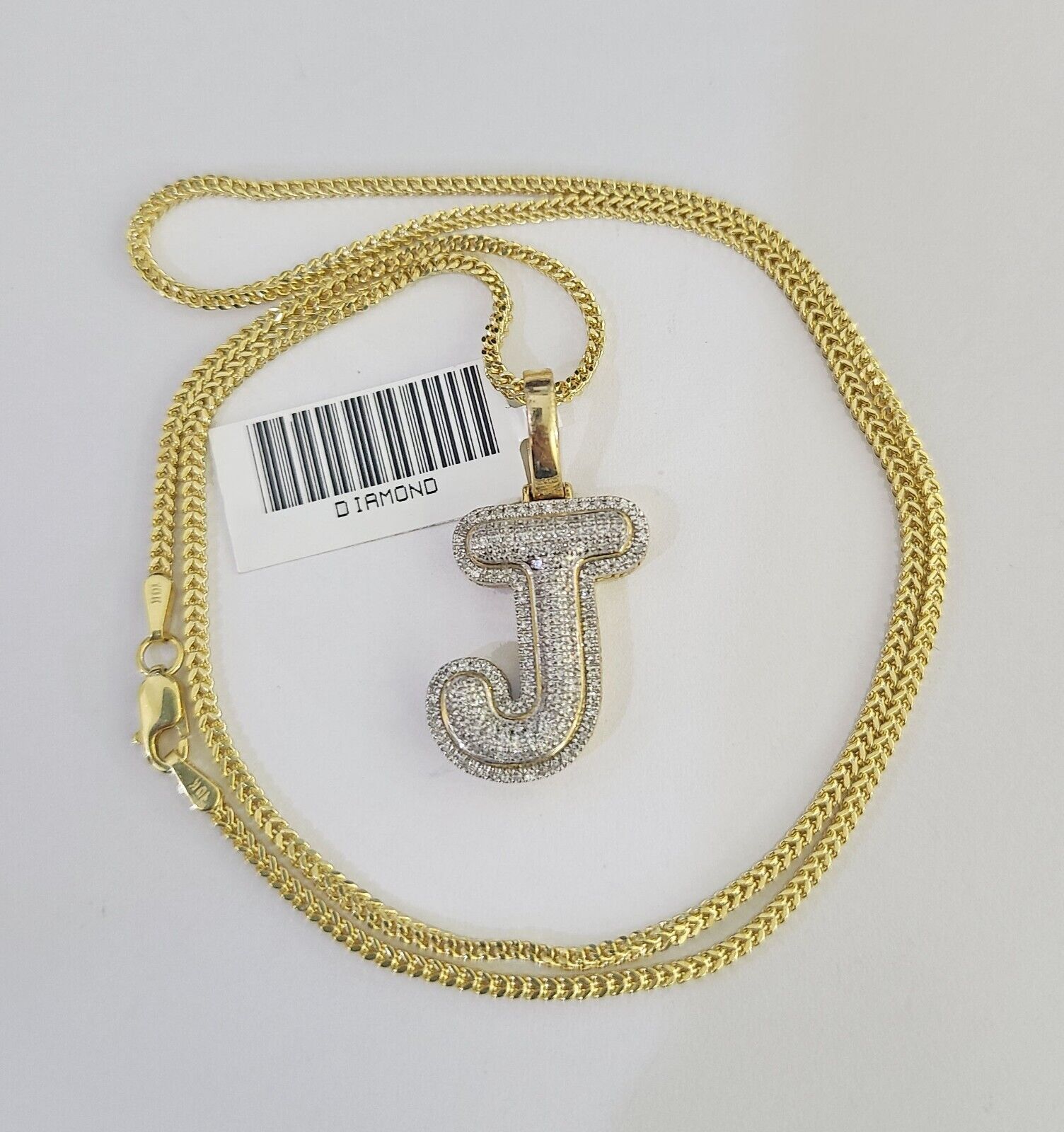 10K Franco Chain Diamond J Pendant Initial Charm Letter Necklace 18" - 24" 1.5mm - GoldenlinQ