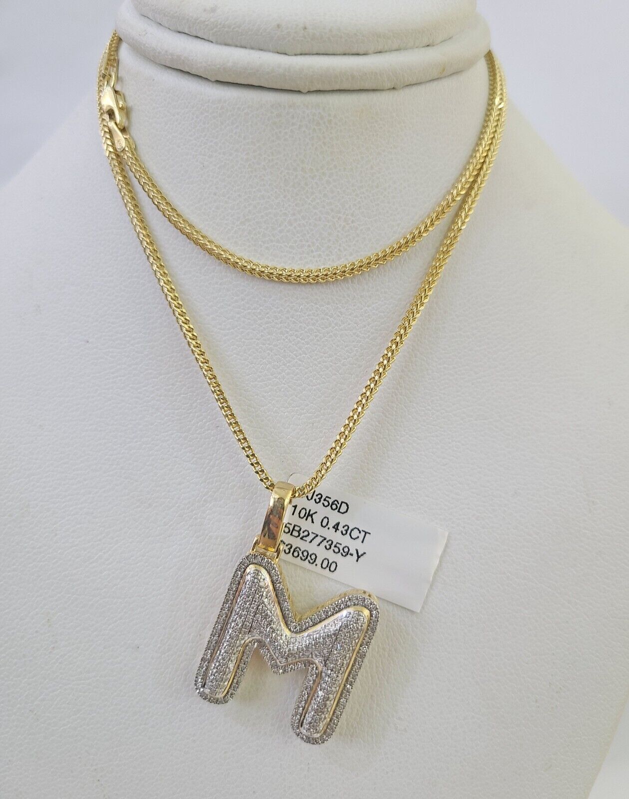 10K Franco Chain Diamond M Pendant Initial Charm Letter Necklace 18" - 24" 1.5mm - GoldenlinQ