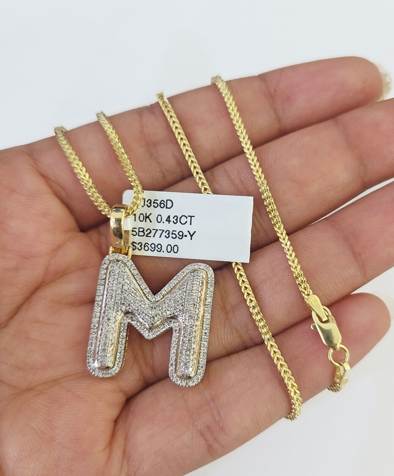 10K Franco Chain Diamond M Pendant Initial Charm Letter Necklace 18" - 24" 1.5mm - GoldenlinQ