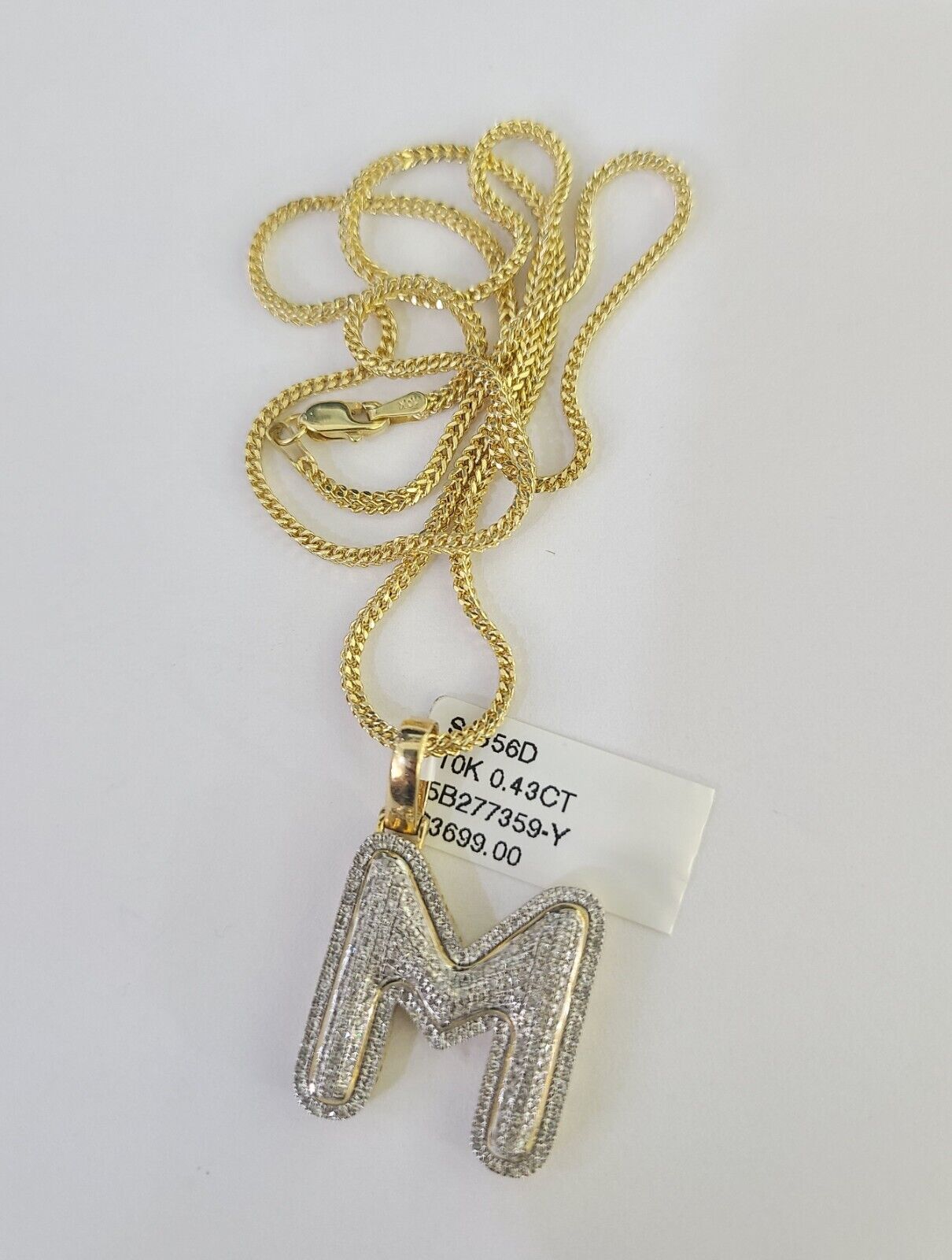 10K Franco Chain Diamond M Pendant Initial Charm Letter Necklace 18" - 24" 1.5mm - GoldenlinQ