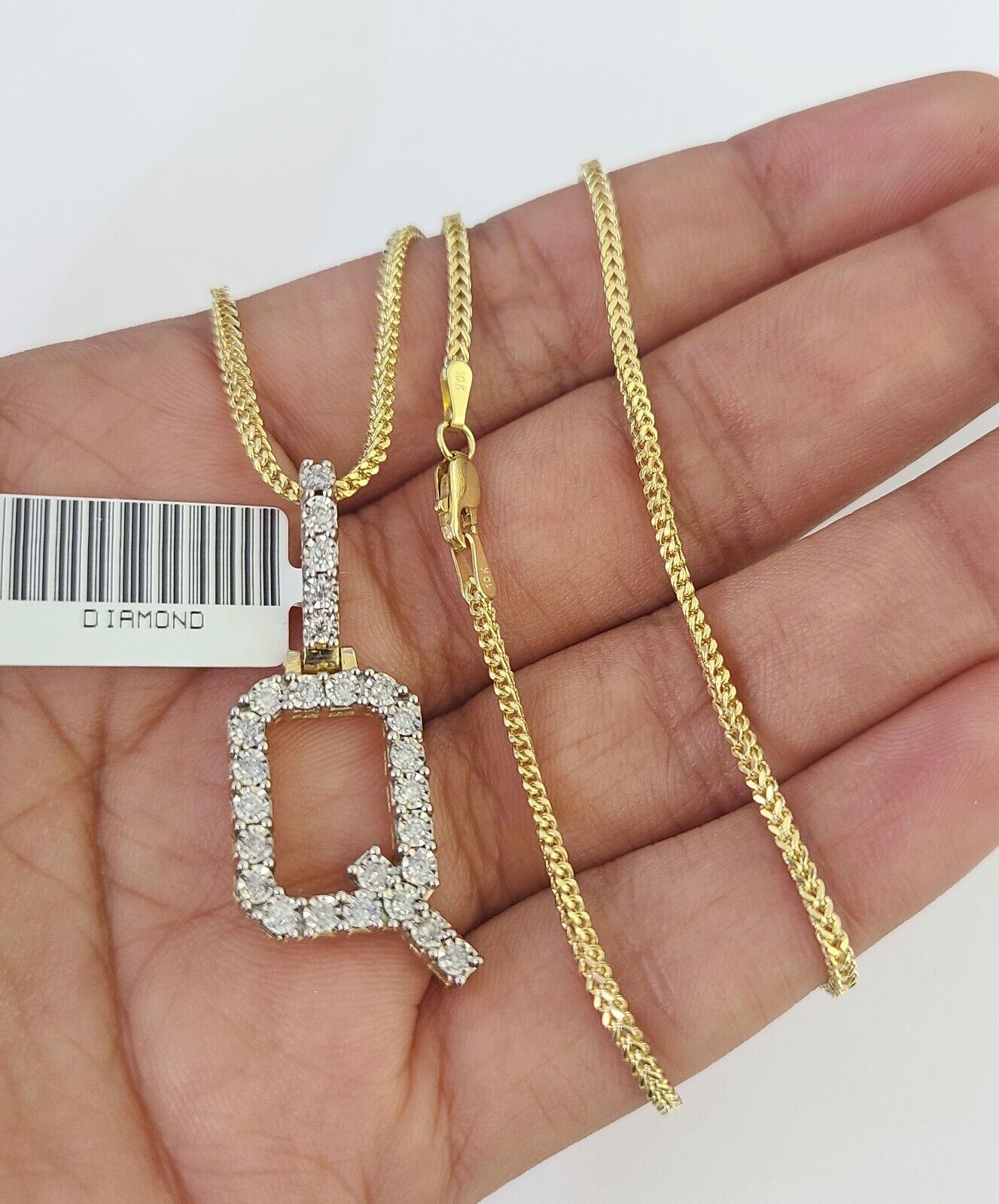 10K Franco Chain Diamond Q Pendant Initial Charm Letter Necklace 18" - 24" 1.5mm - GoldenlinQ