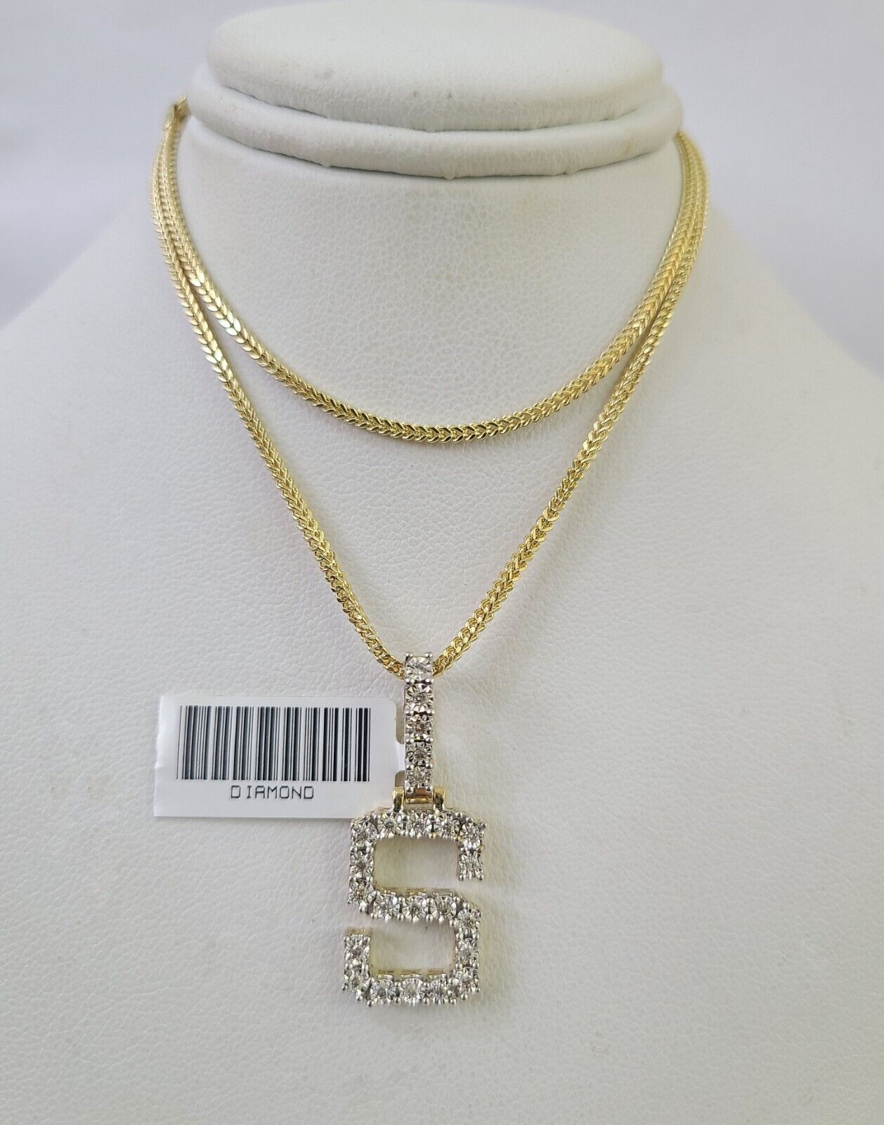 10K Franco Chain Diamond S Pendant Initial Charm Letter Necklace 18" - 24" 1.5mm - GoldenlinQ