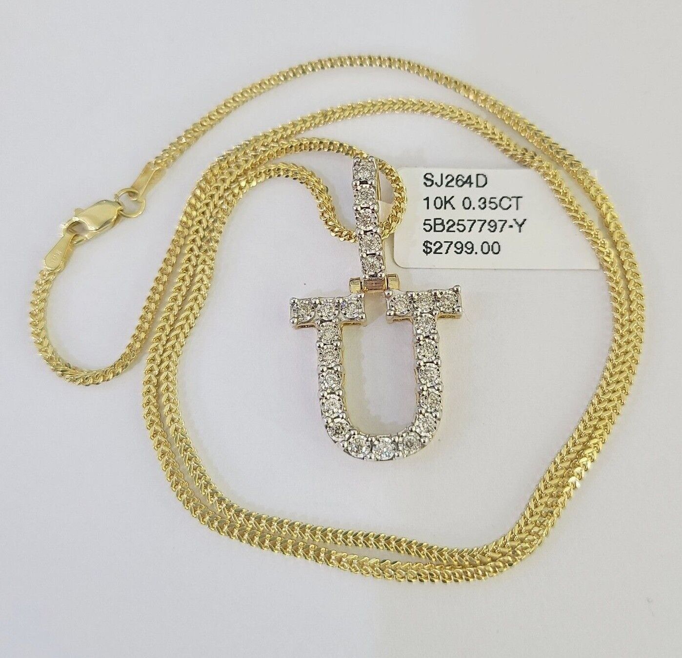 10K Franco Chain Diamond U Pendant Initial Charm Letter Necklace 18" - 24" 1.5mm - GoldenlinQ