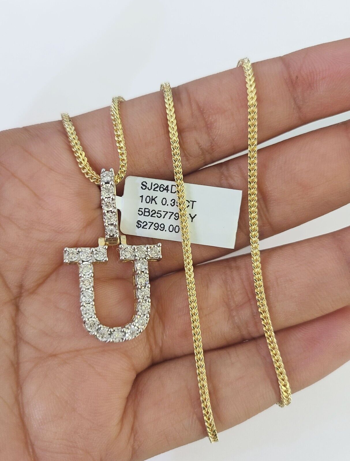 10K Franco Chain Diamond U Pendant Initial Charm Letter Necklace 18" - 24" 1.5mm - GoldenlinQ