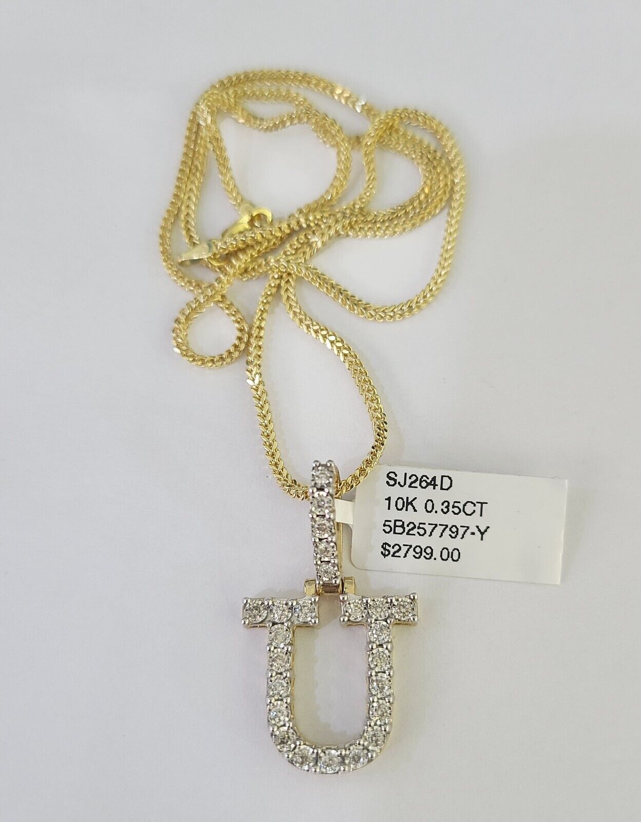 10K Franco Chain Diamond U Pendant Initial Charm Letter Necklace 18" - 24" 1.5mm - GoldenlinQ