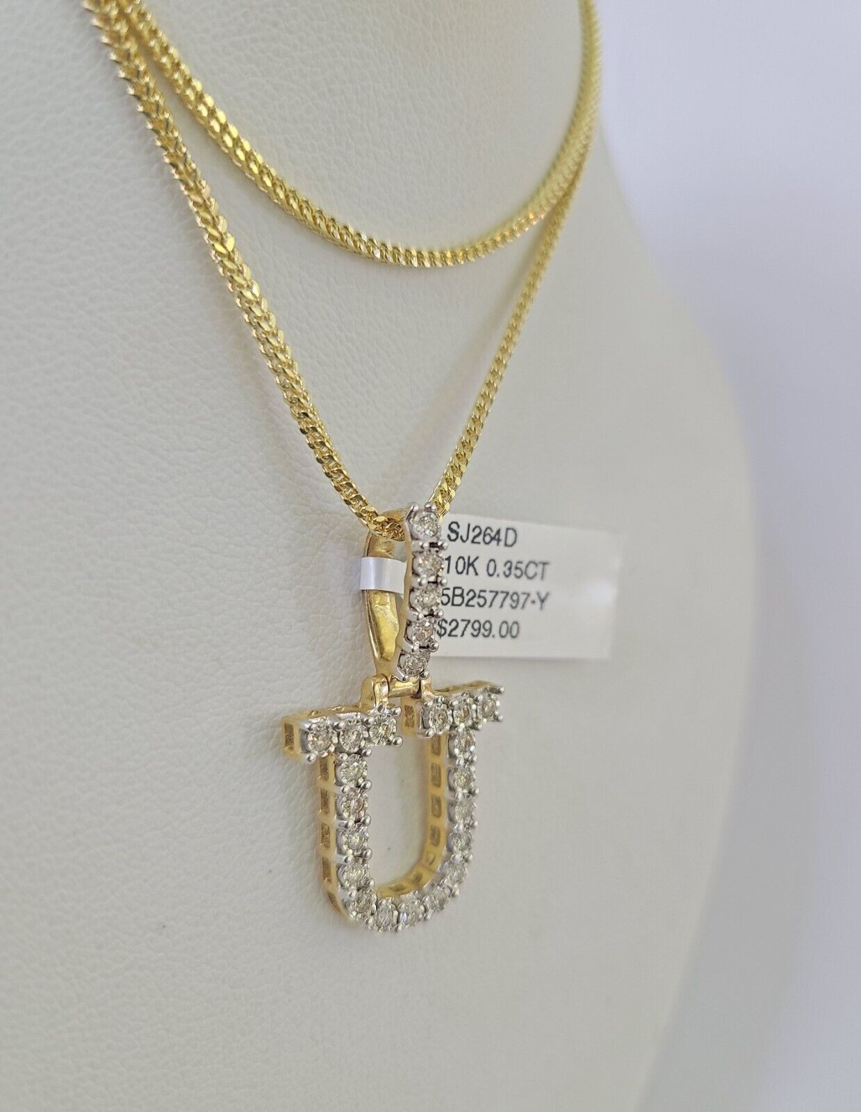 10K Franco Chain Diamond U Pendant Initial Charm Letter Necklace 18" - 24" 1.5mm - GoldenlinQ
