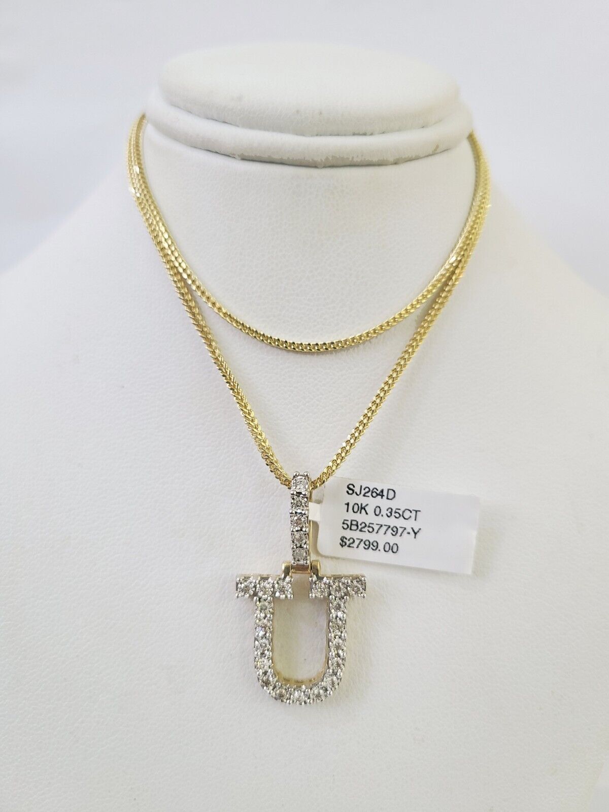 10K Franco Chain Diamond U Pendant Initial Charm Letter Necklace 18" - 24" 1.5mm - GoldenlinQ