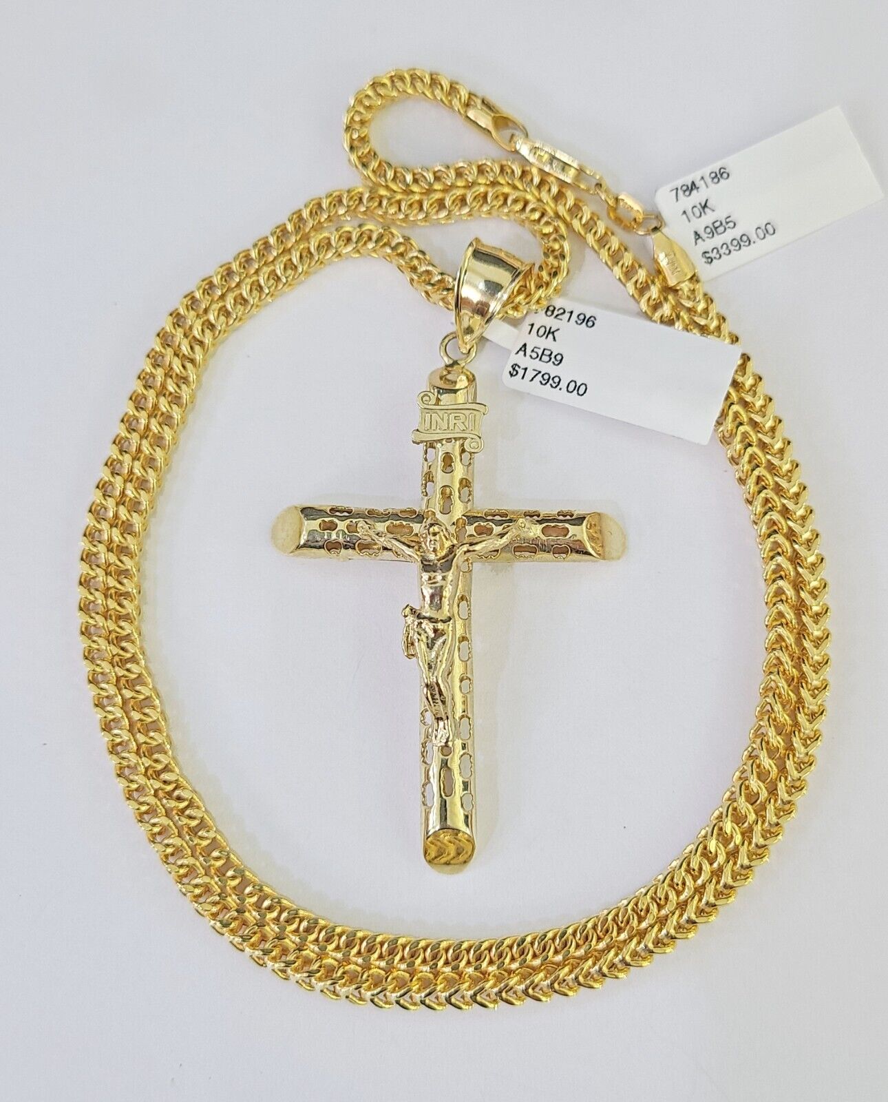 10K Franco Chain INRI Jesus Cross Pendant Charm Necklace 20" - 26" 3mm Gold - GoldenlinQ